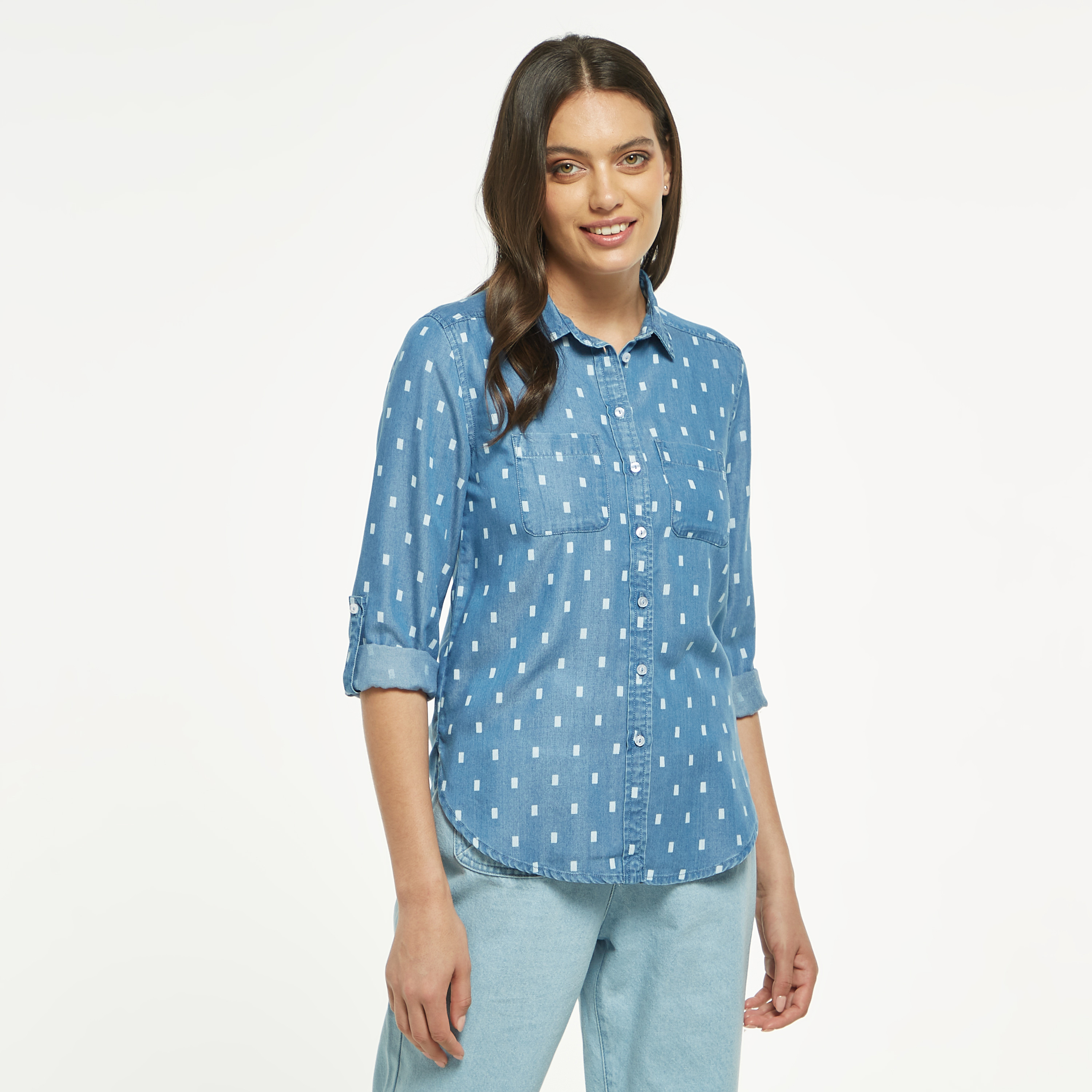 Buy Printed Denim Shirt with Chest Pockets and Long Sleeves | Splash UAE