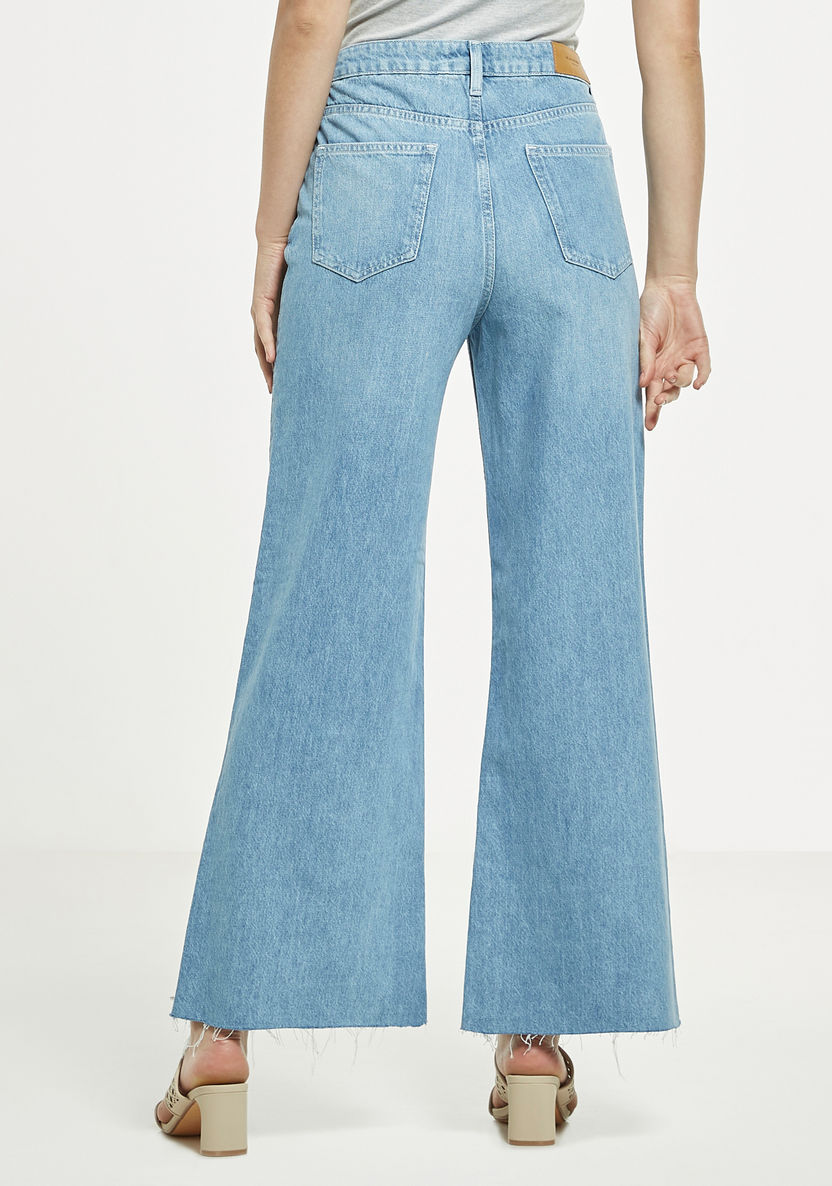 Buy Solid Wide Leg Jeans with Button Closure and Frayed Hem | Splash UAE