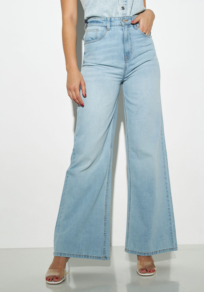 Buy Women's Solid Wide Leg Jeans with Pockets Online | Centrepoint KSA