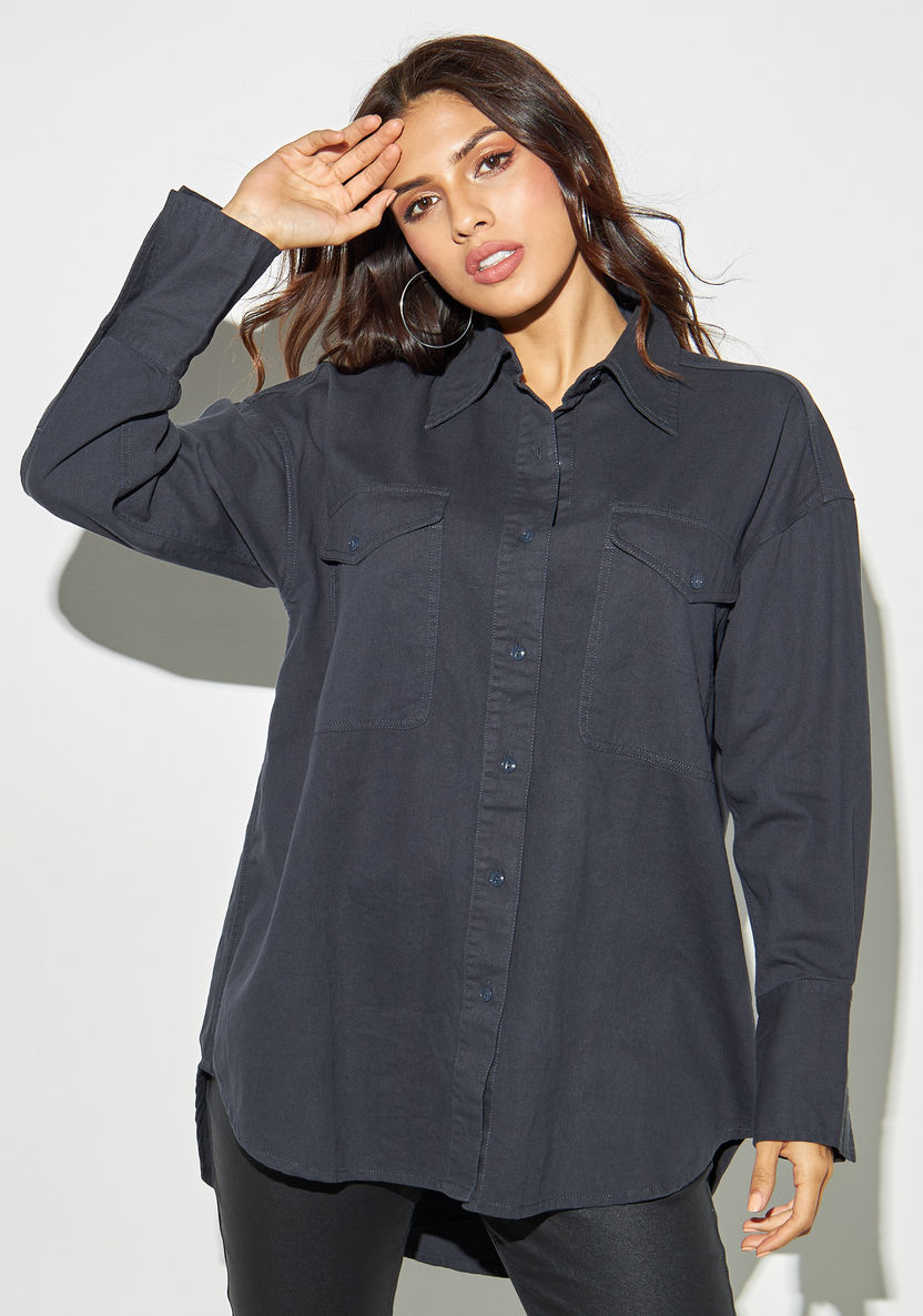 Buy Women's Solid High Low Denim Shirt with Pockets and Long Sleeves ...