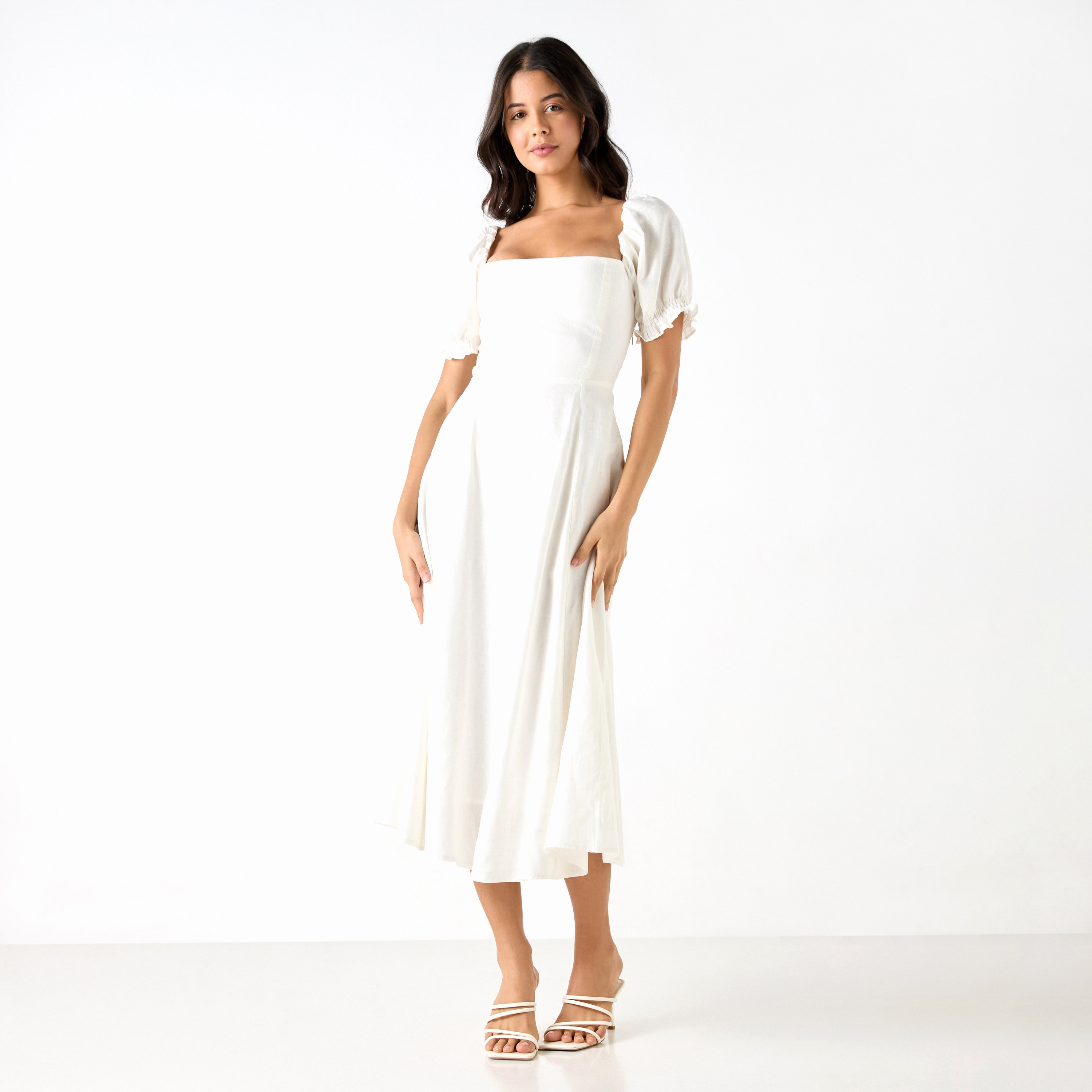Solid Midi Dress with Square Neck and Short Sleeves-women-clothing-dresses-image-1