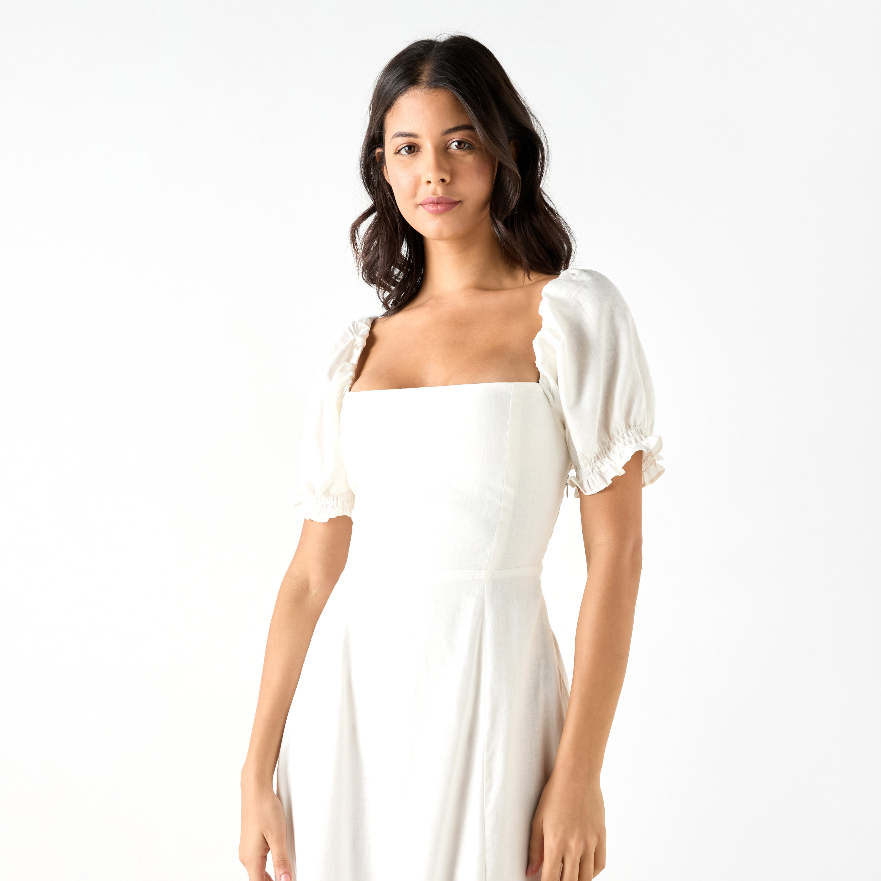 Solid Midi Dress with Square Neck and Short Sleeves-women-clothing-dresses-image-2