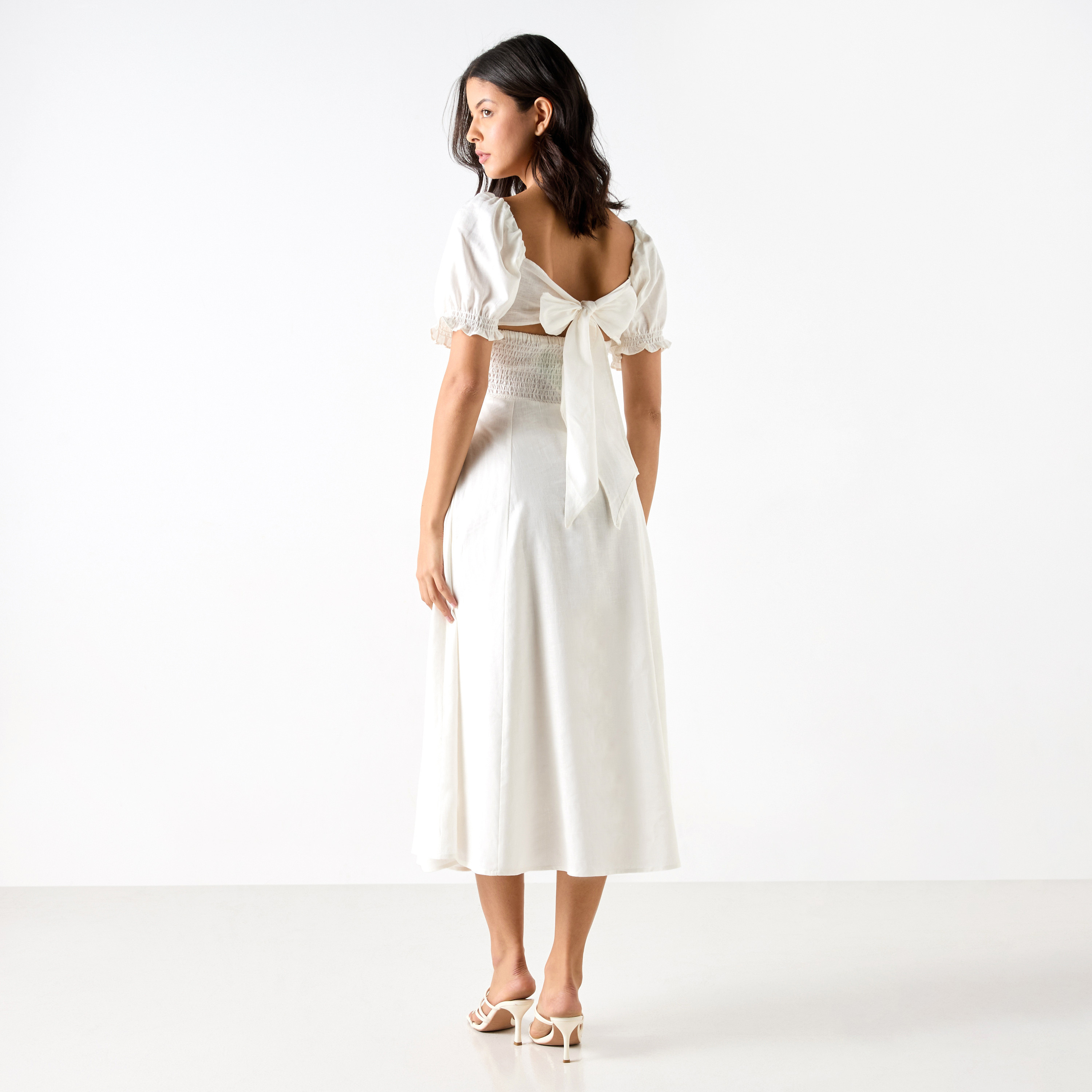 Solid Midi Dress with Square Neck and Short Sleeves-women-clothing-dresses-image-3
