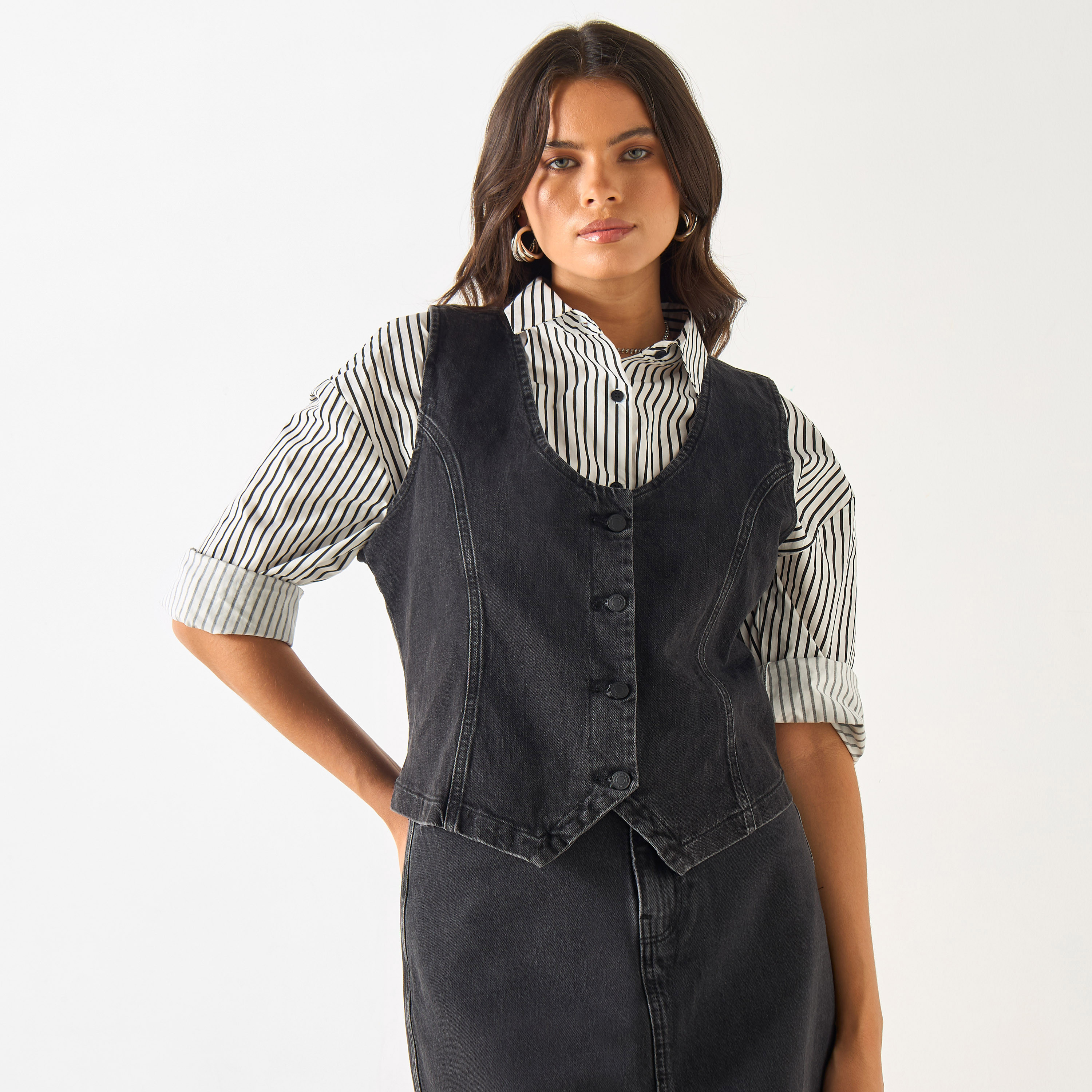 Sleeveless Denim Vest with Button Closure-women-clothing-tshirts-image-5