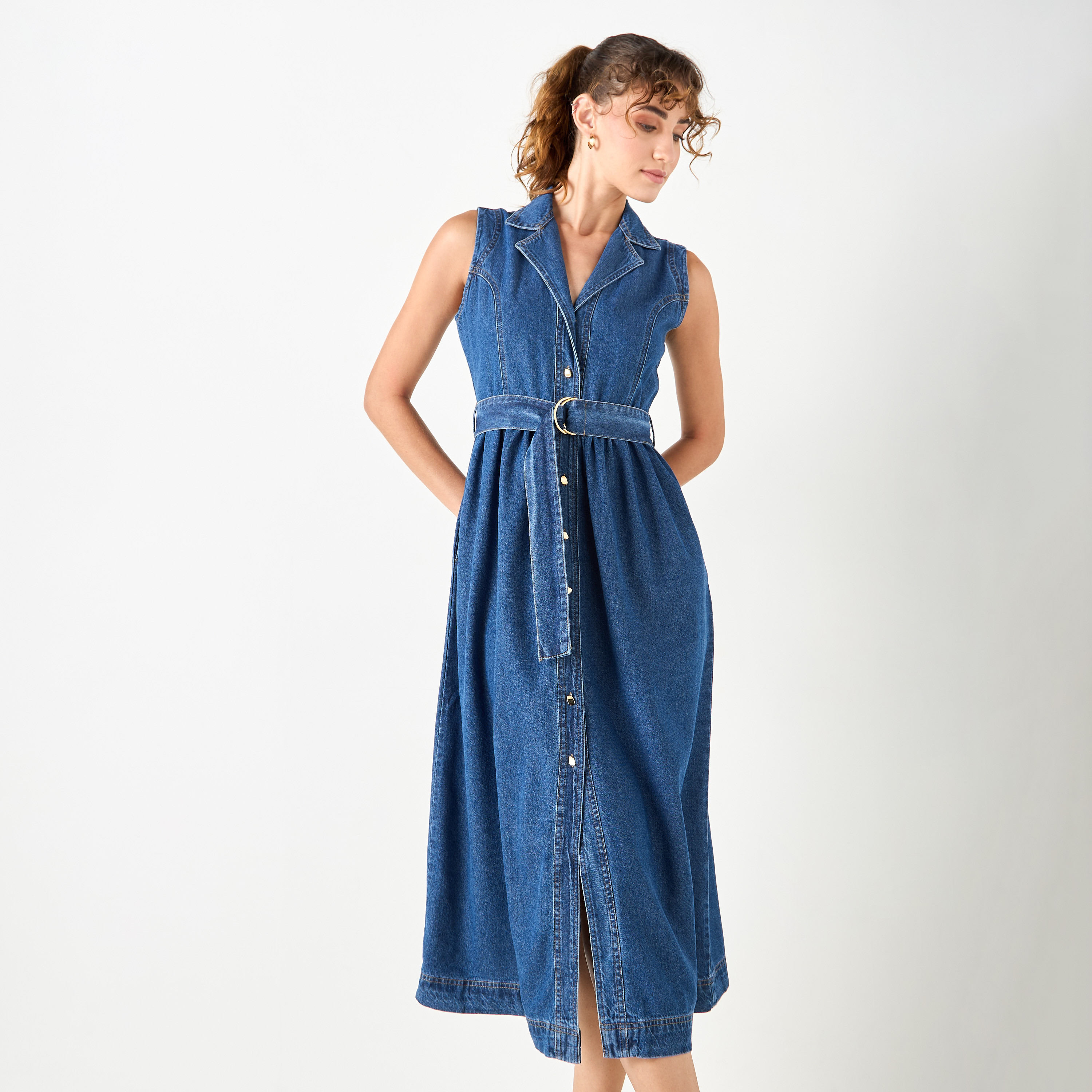 Collared Denim Sleeveless Shirt Dress with Belt-women-clothing-dresses-image-1