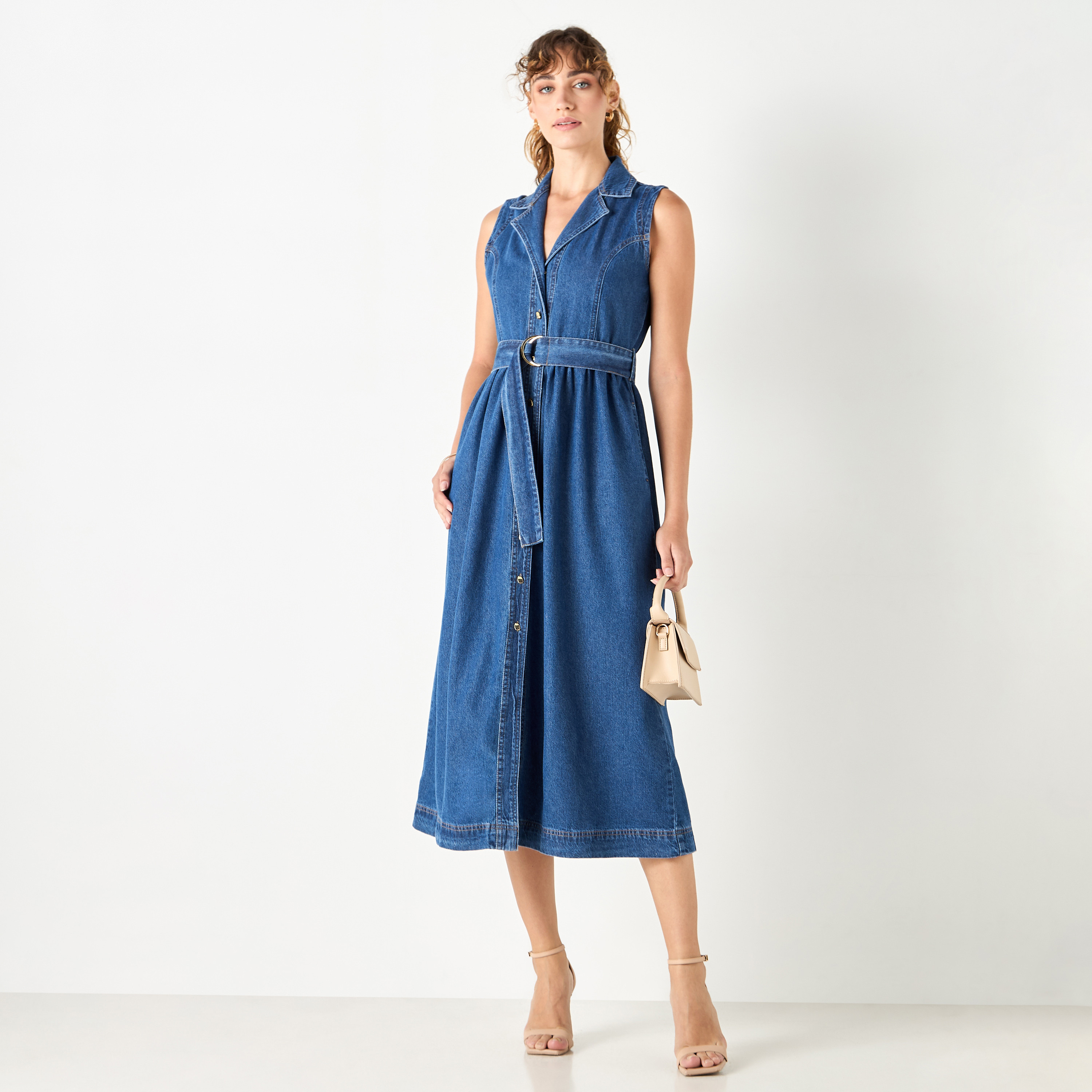 Collared Denim Sleeveless Shirt Dress with Belt-women-clothing-dresses-image-2