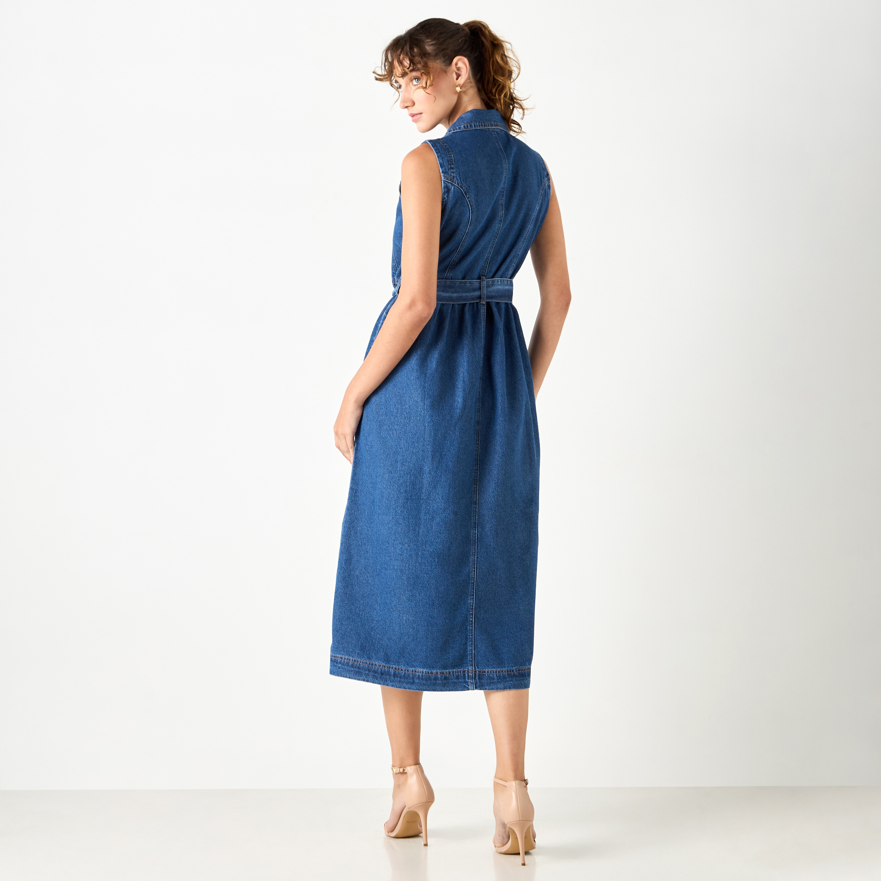 Collared Denim Sleeveless Shirt Dress with Belt-women-clothing-dresses-image-3