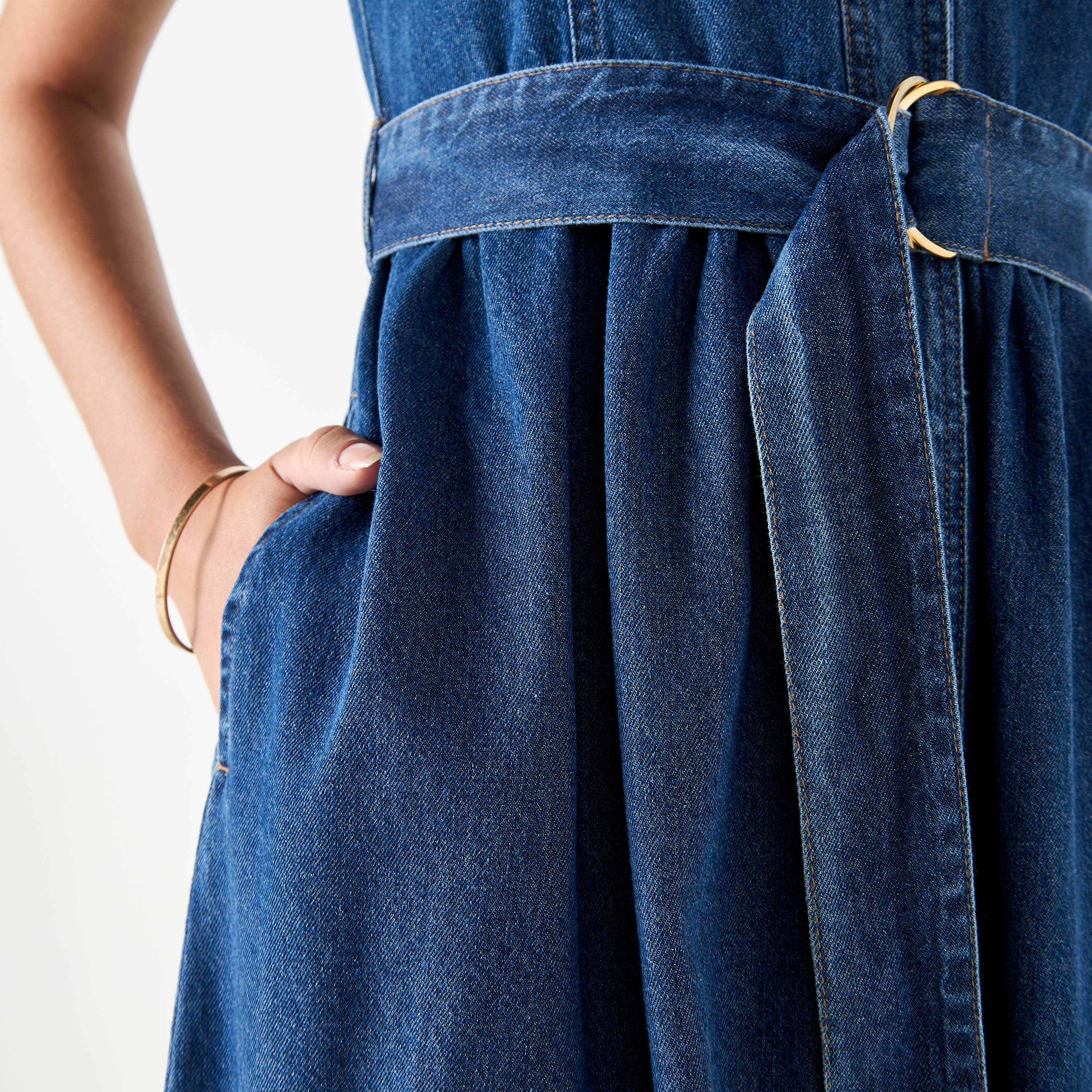Collared Denim Sleeveless Shirt Dress with Belt-women-clothing-dresses-image-4