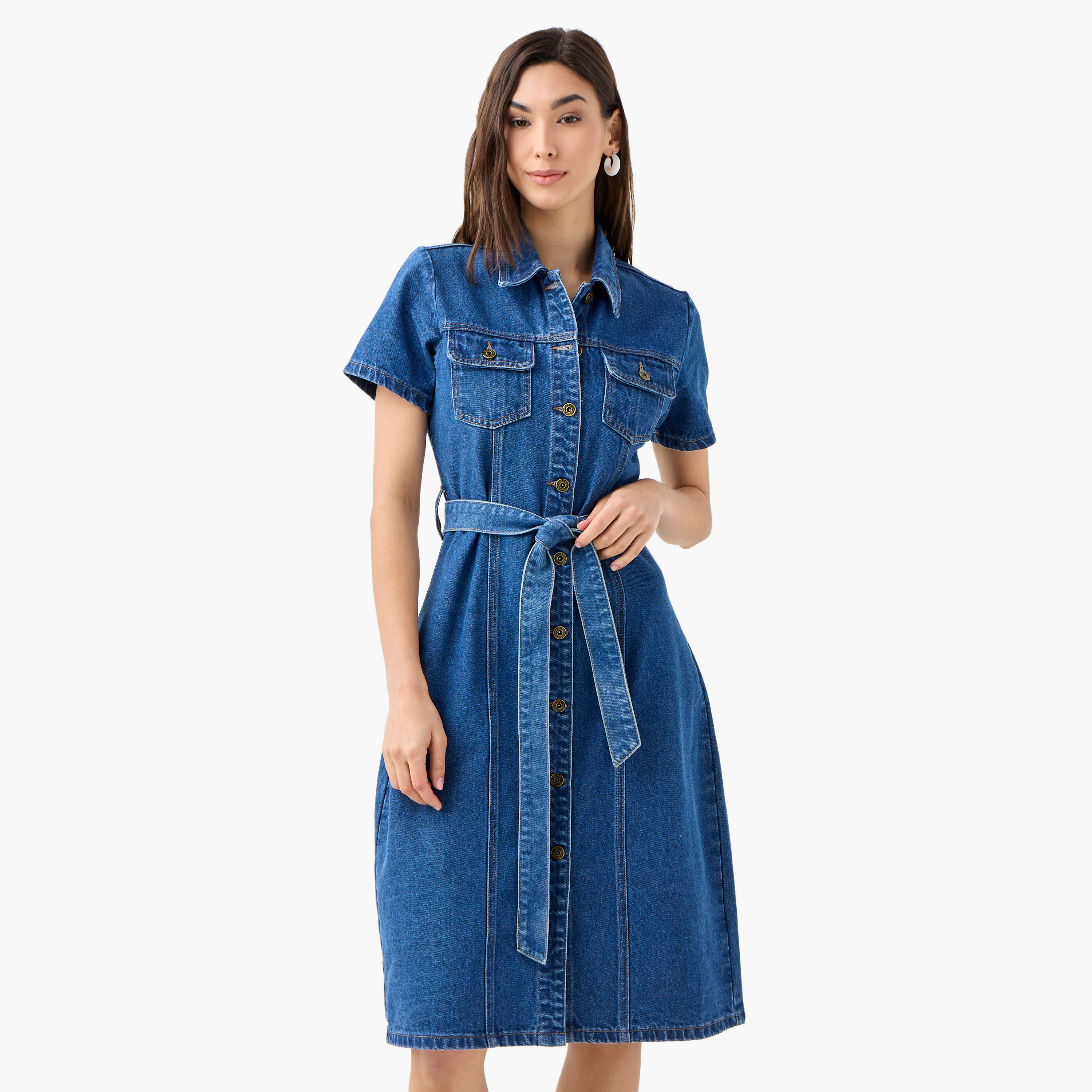 Denim Collar Shirt Cotton Dress with Short Sleeves and Tie-Up Belt-women-clothing-dresses-image-1