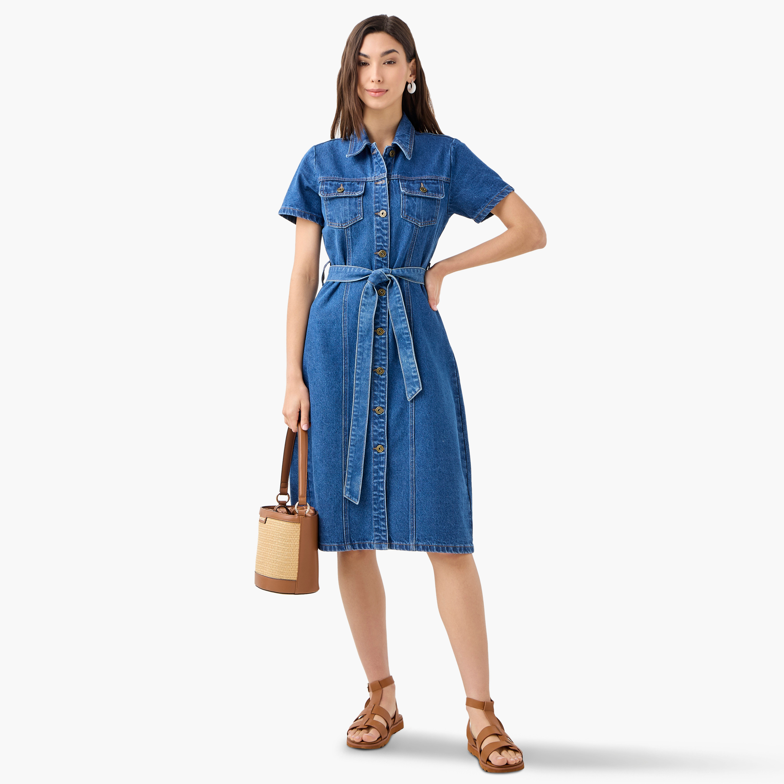 Denim Collar Shirt Cotton Dress with Short Sleeves and Tie-Up Belt-women-clothing-dresses-image-2