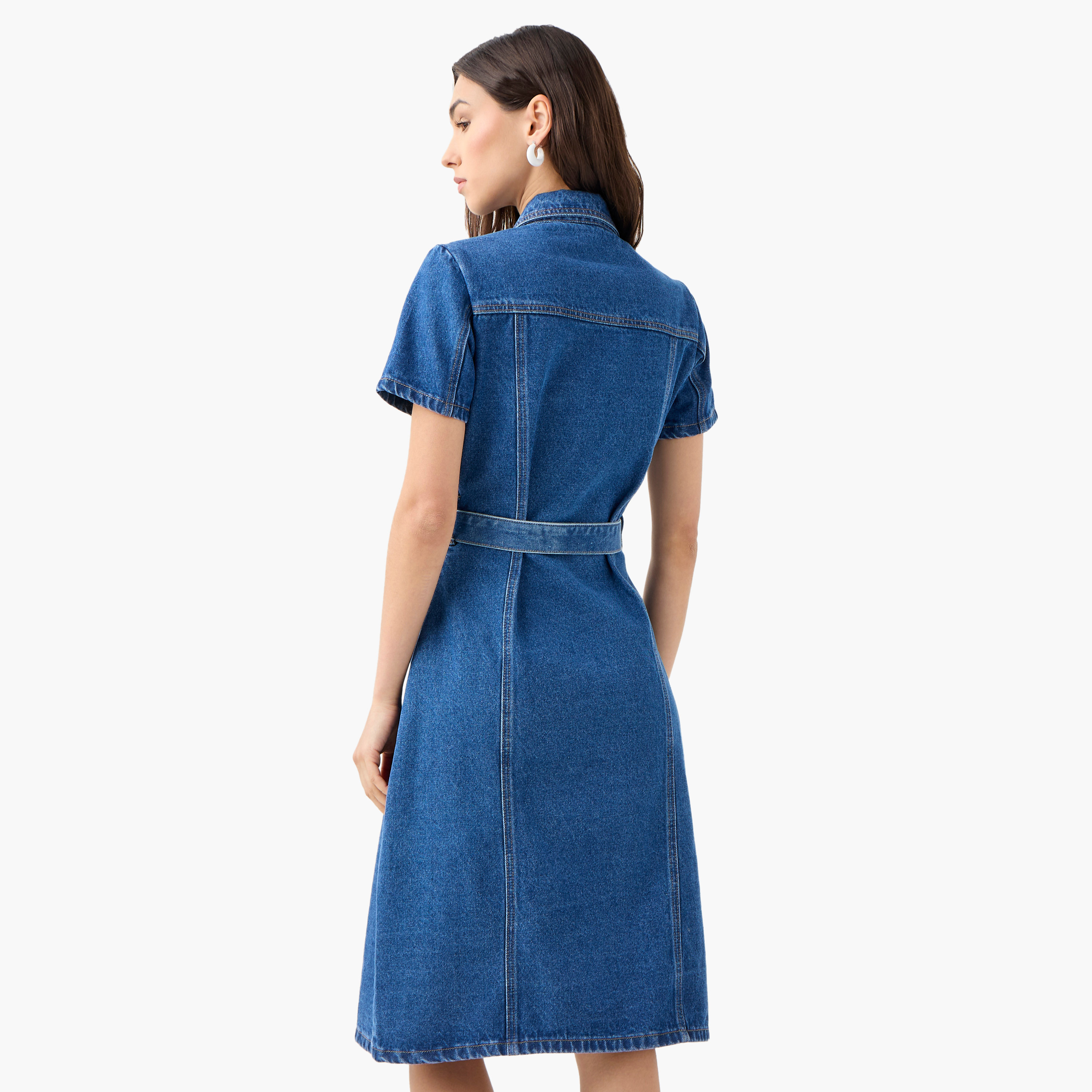 Denim Collar Shirt Cotton Dress with Short Sleeves and Tie-Up Belt-women-clothing-dresses-image-3