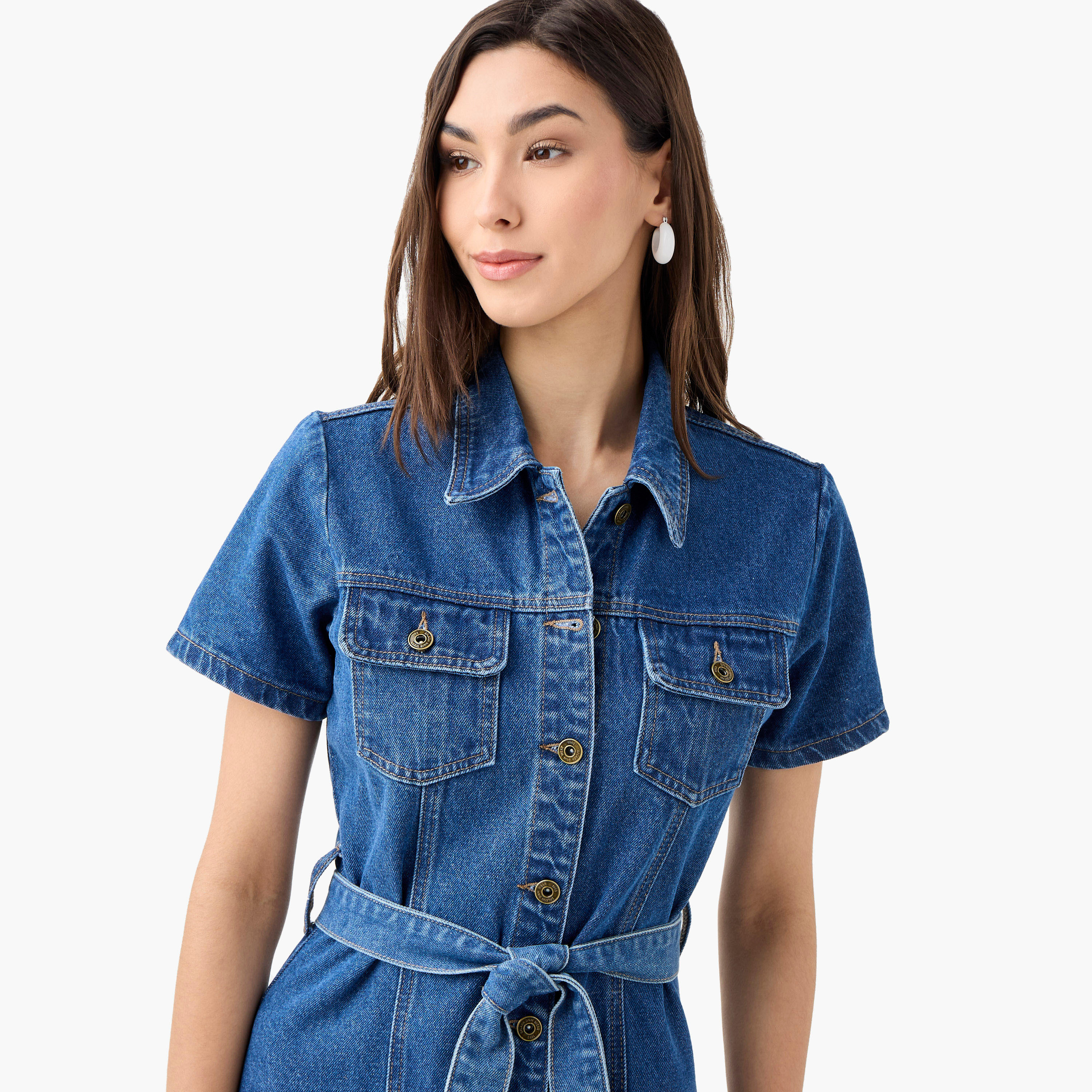 Denim Collar Shirt Cotton Dress with Short Sleeves and Tie-Up Belt-women-clothing-dresses-image-4