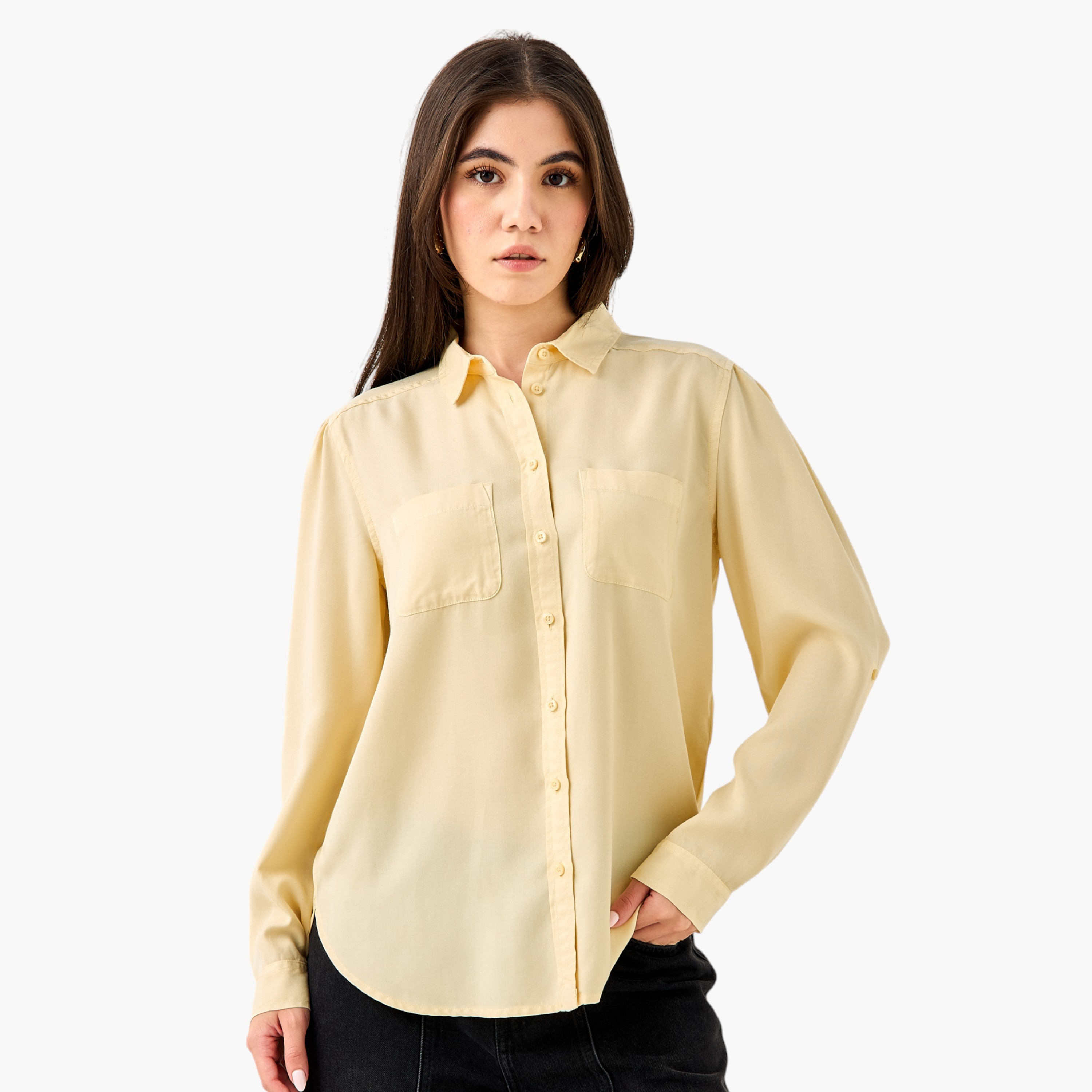 Pocket Detail Shirt with Roll-Up Sleeves-women-clothing-shirtsandblouses-shirts-image-1