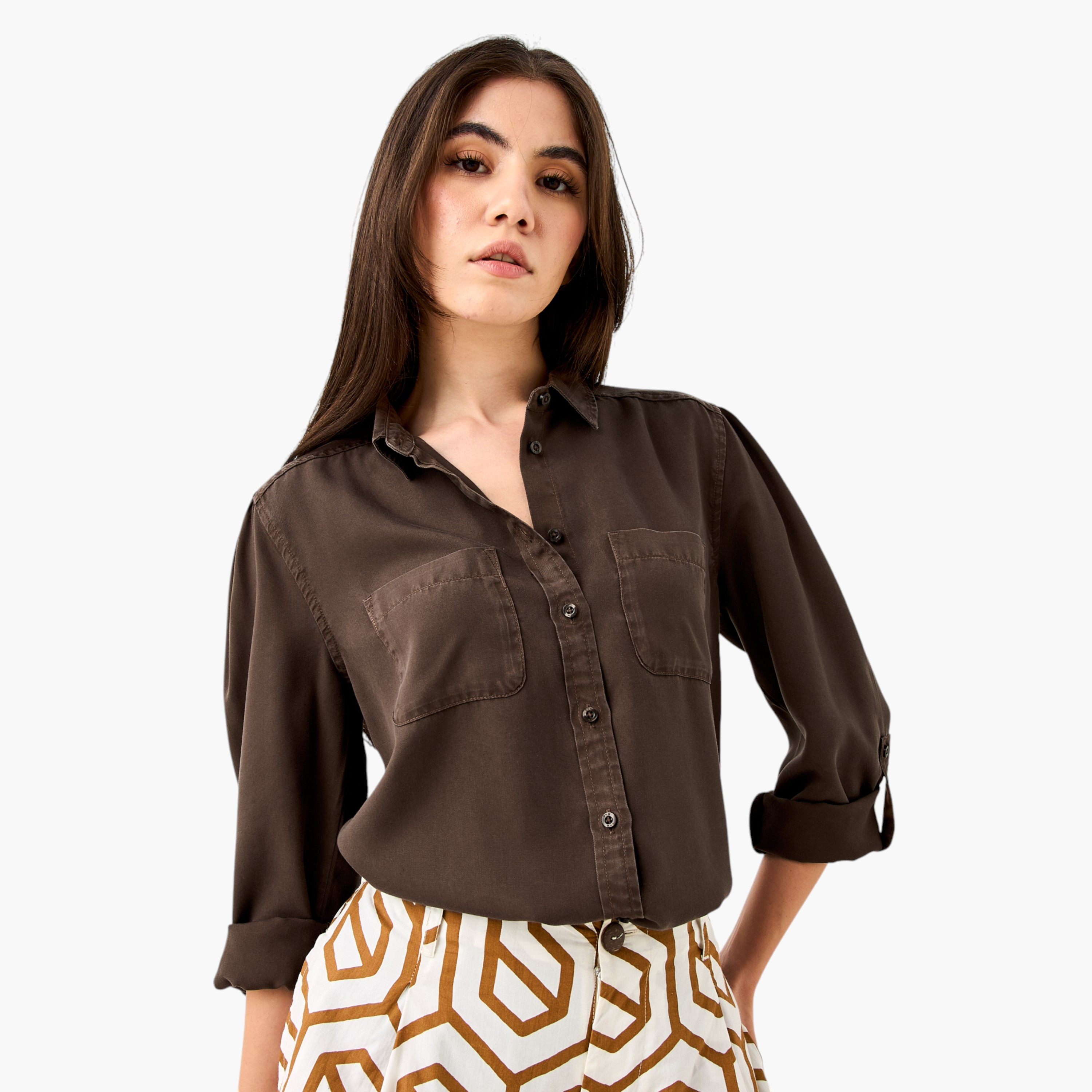 Pocket Detail Shirt with Roll-Up Sleeves-women-clothing-shirtsandblouses-shirts-image-1