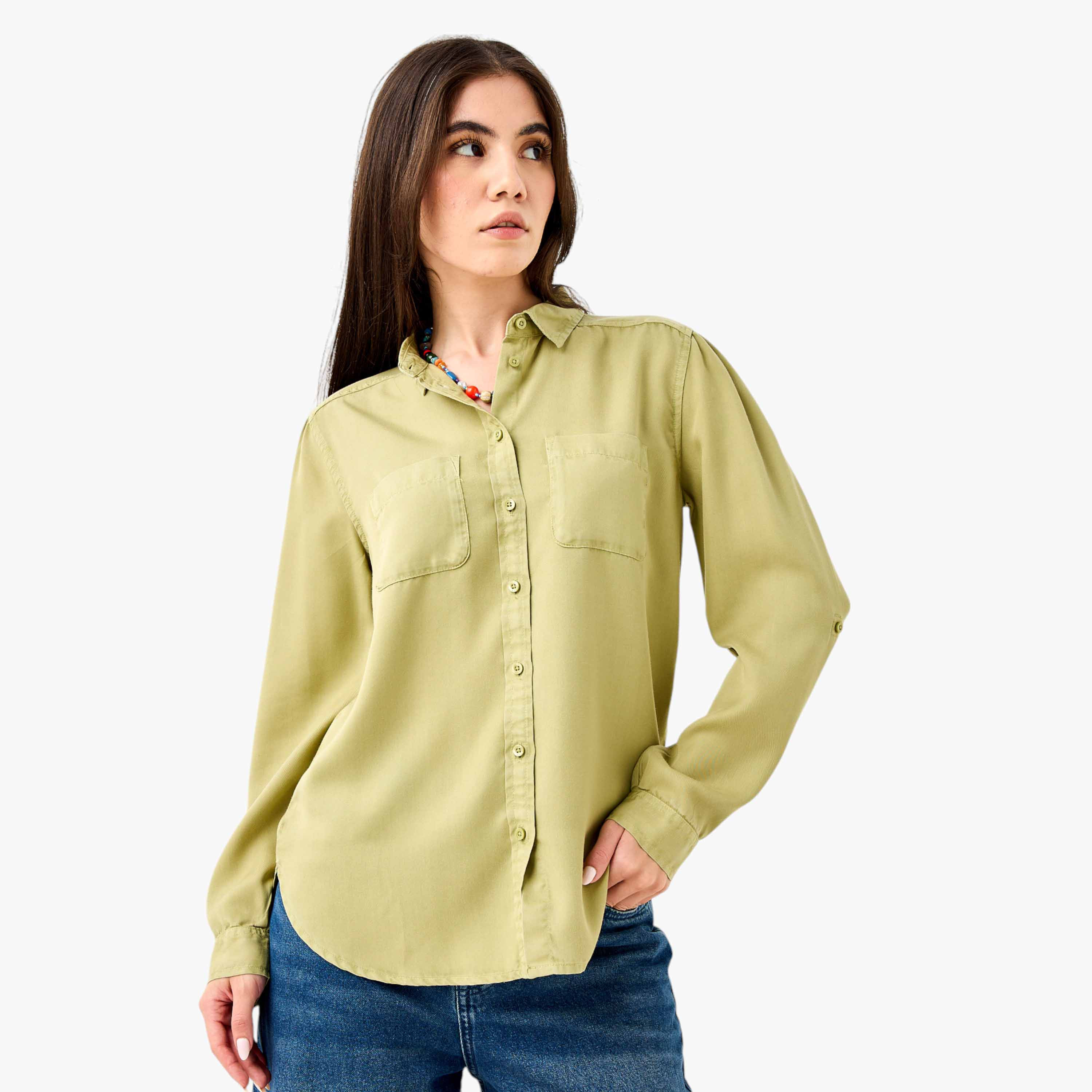 Pocket Detail Shirt with Roll-Up Sleeves-women-clothing-shirtsandblouses-shirts-image-1