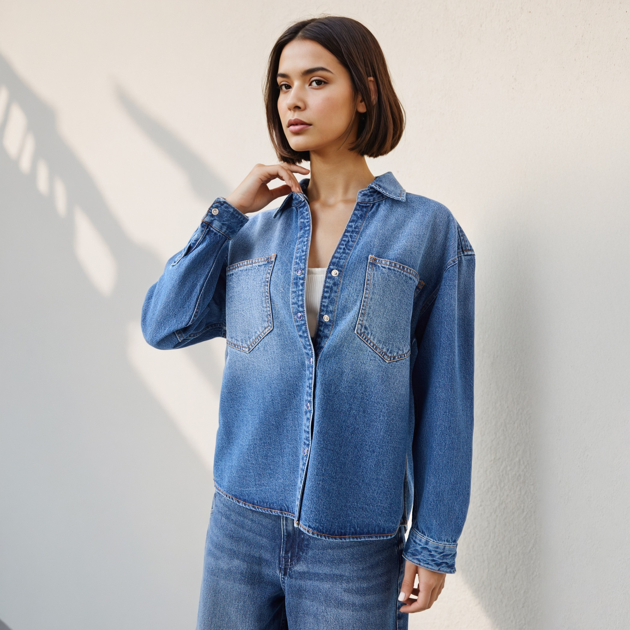 Oversized Collared Cotton Denim Shirt-women-clothing-shirtsandblouses-shirts-image-1