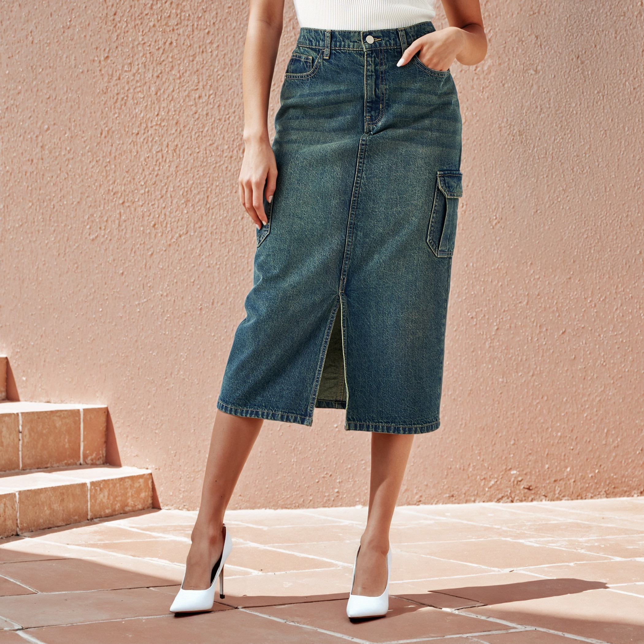 Denim A-Line Cargo Skirt with Front Slit-women-clothing-bottoms-skirts-image-1