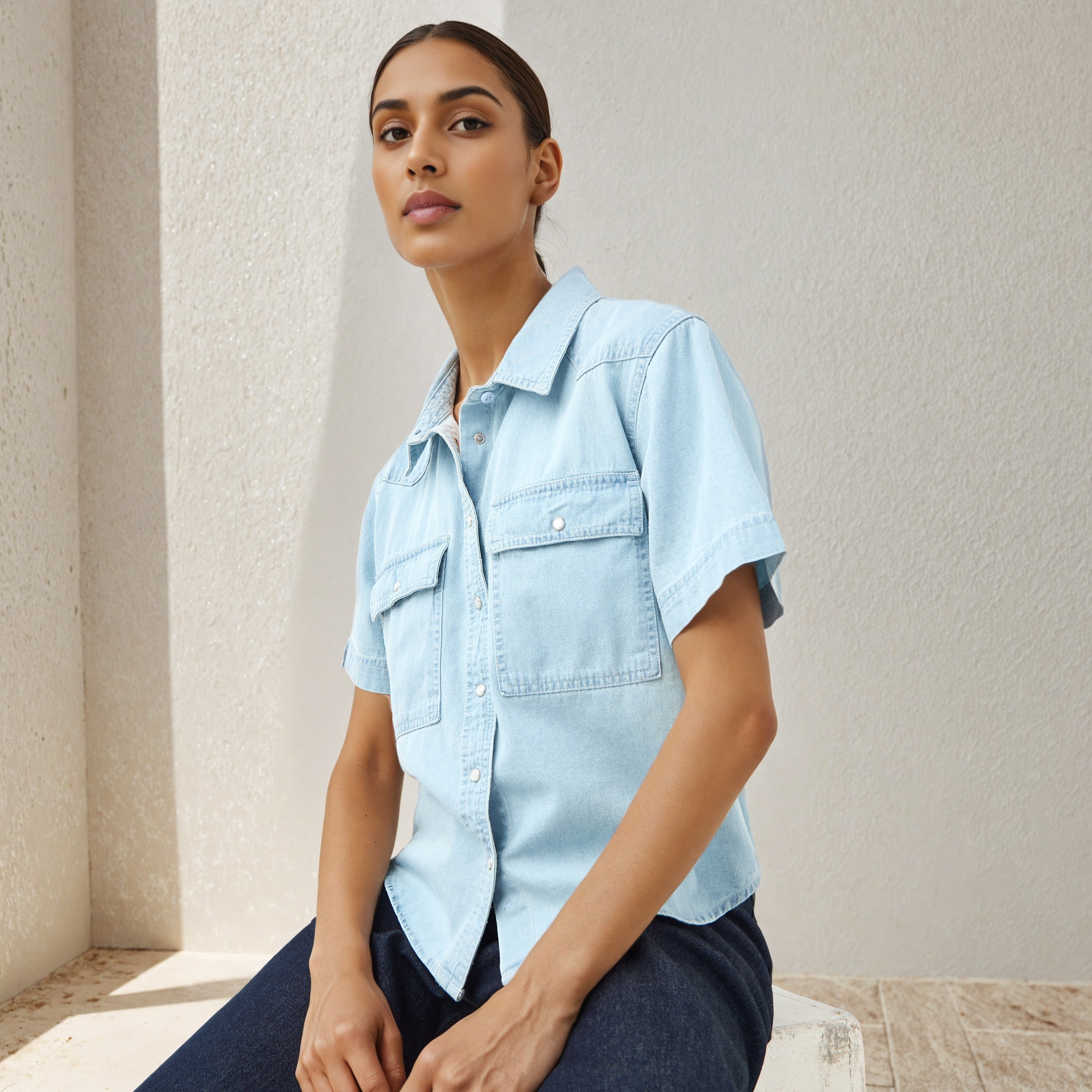 Regular Fit Denim Shirt with Pockets-women-clothing-shirtsandblouses-shirts-image-1