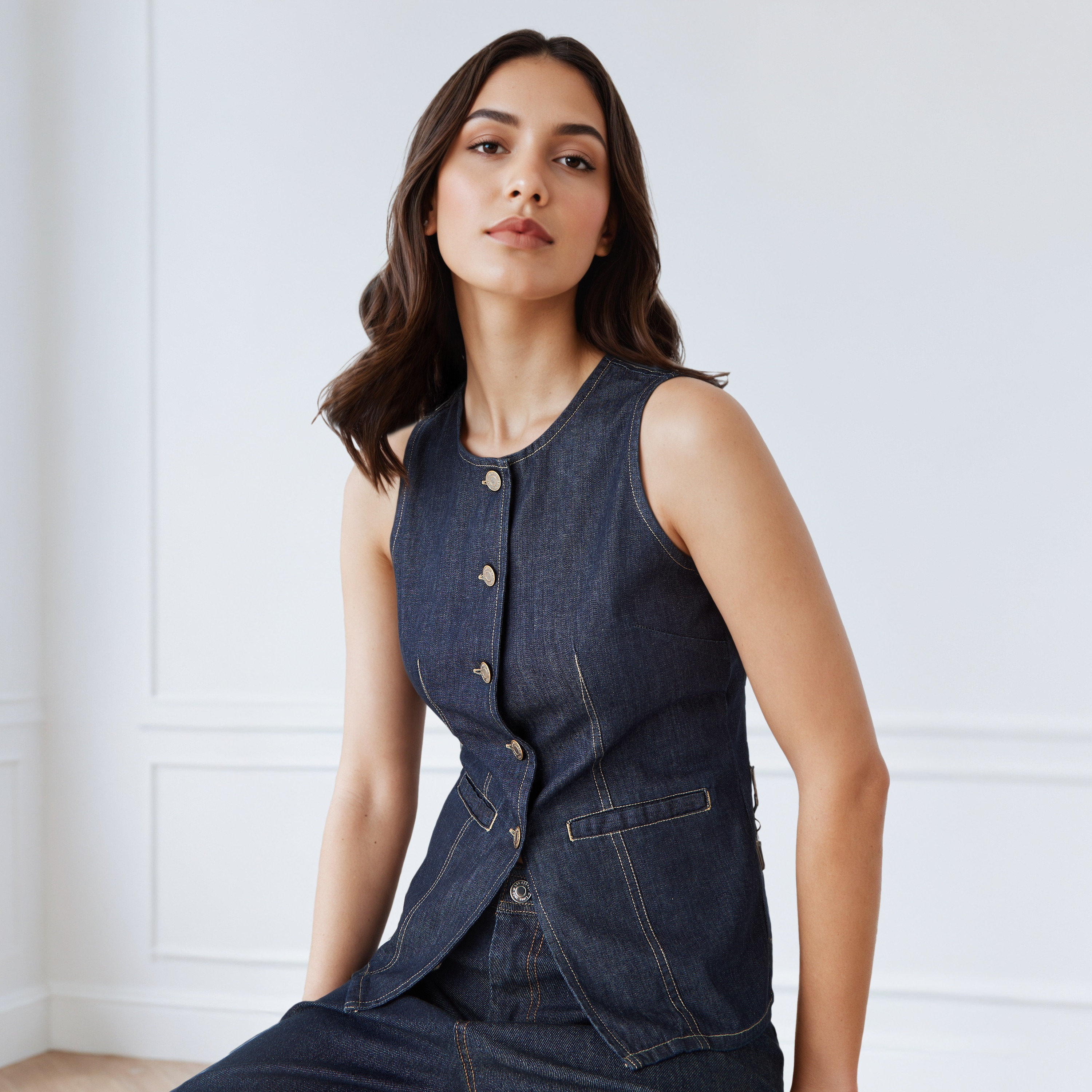 Sleeveless Denim Gilet with Button Closure-women-winterwear-coatsandjackets-jackets-image-1