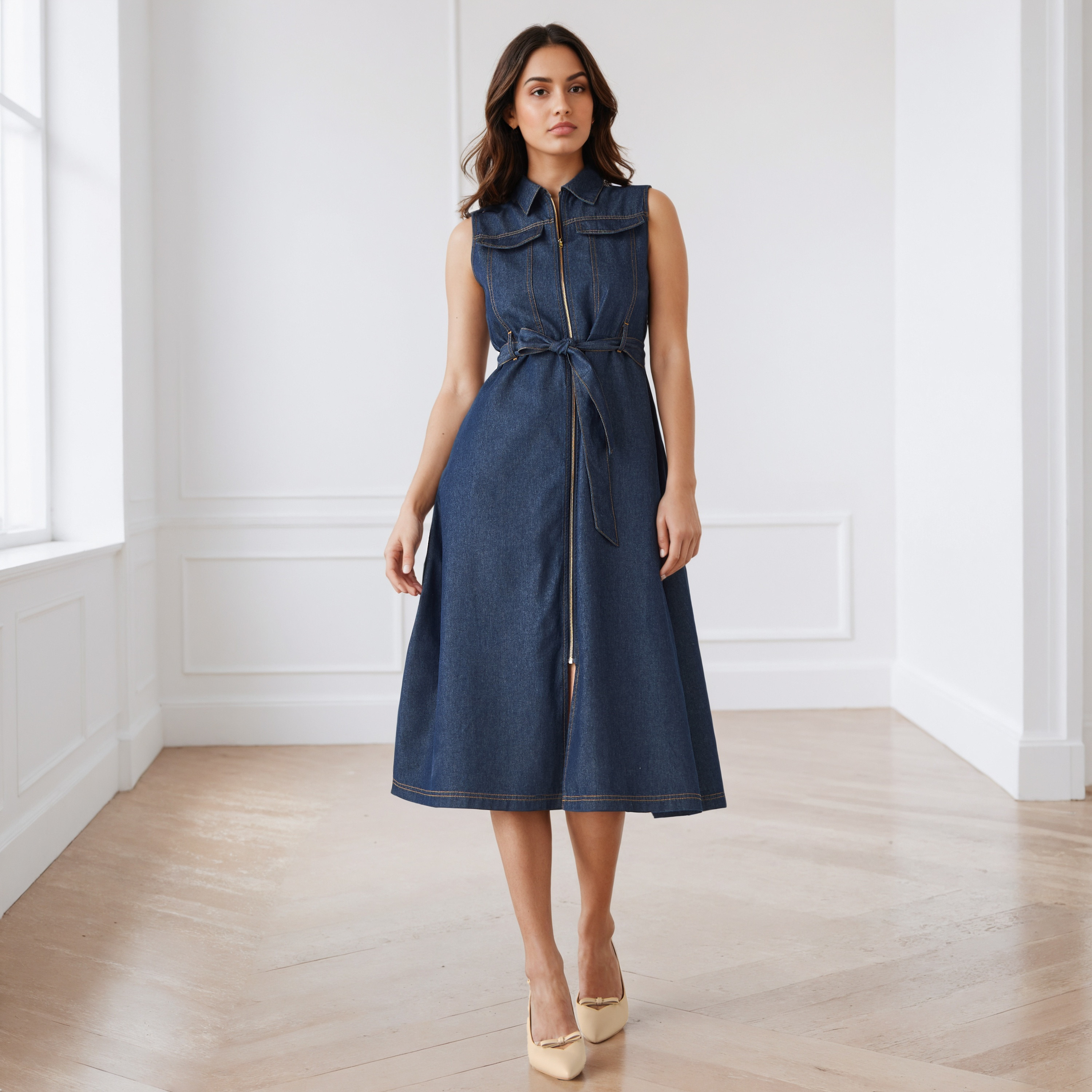 Denim Sleeveless Shirt Cotton Dress with Front Zip Closure-women-clothing-dresses-image-1