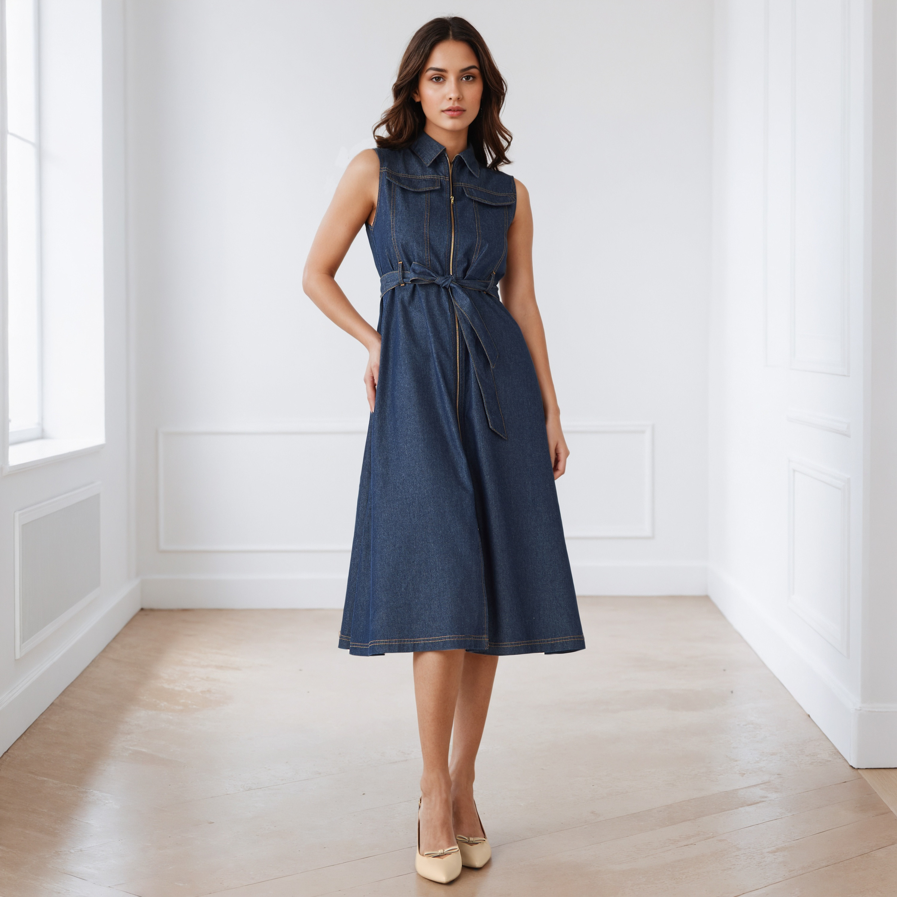 Denim Sleeveless Shirt Cotton Dress with Front Zip Closure-women-clothing-dresses-image-2