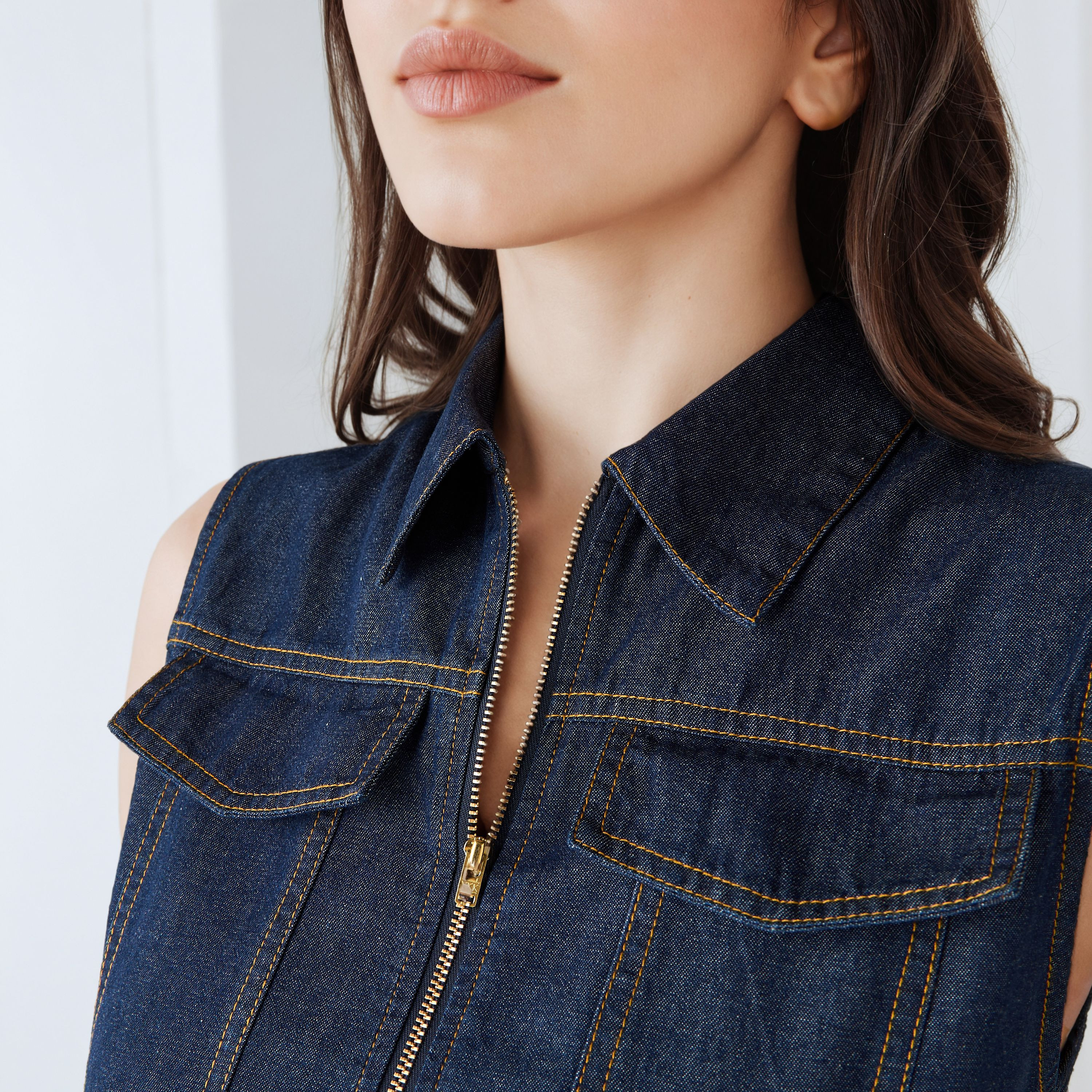 Denim Sleeveless Shirt Cotton Dress with Front Zip Closure-women-clothing-dresses-image-3
