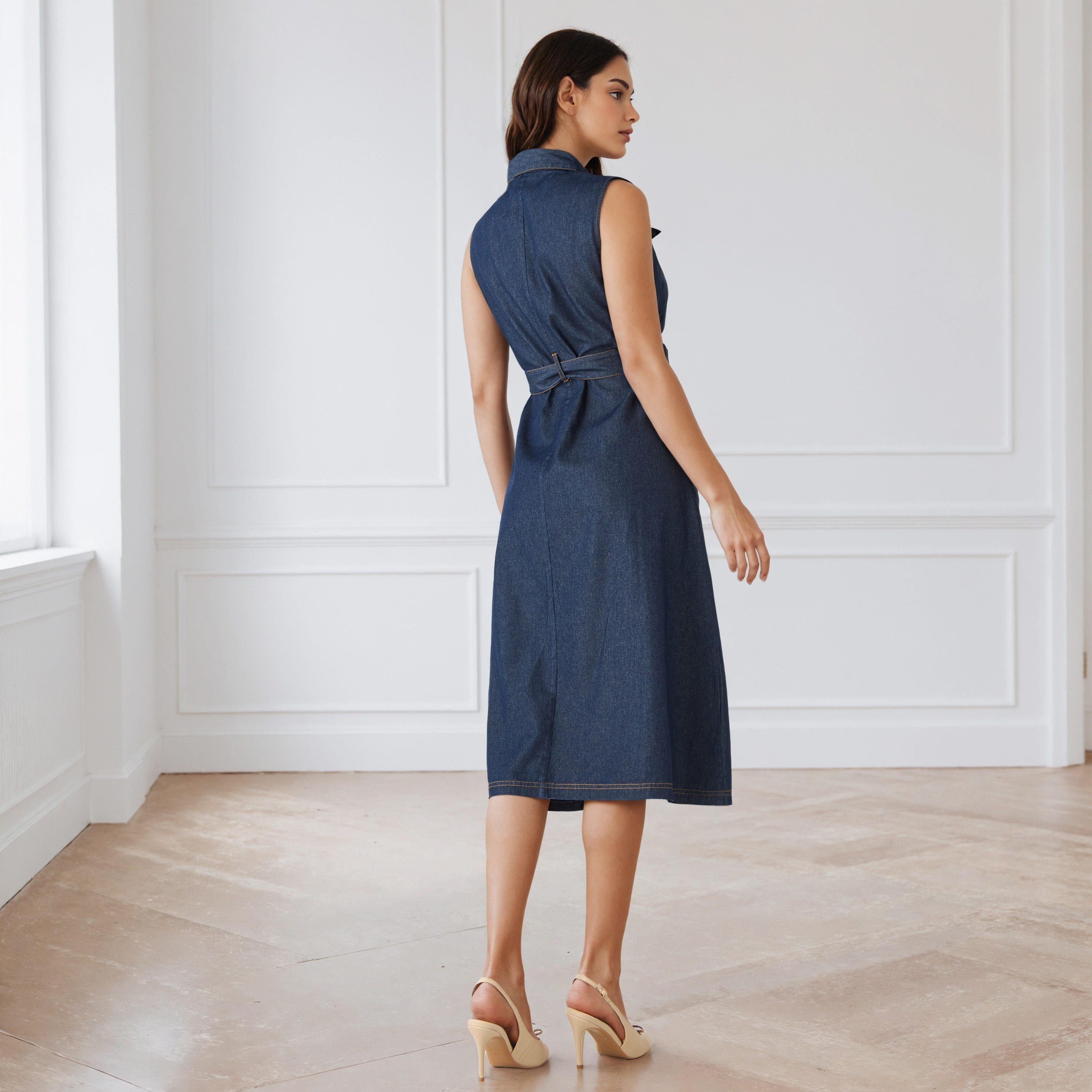 Denim Sleeveless Shirt Cotton Dress with Front Zip Closure-women-clothing-dresses-image-4