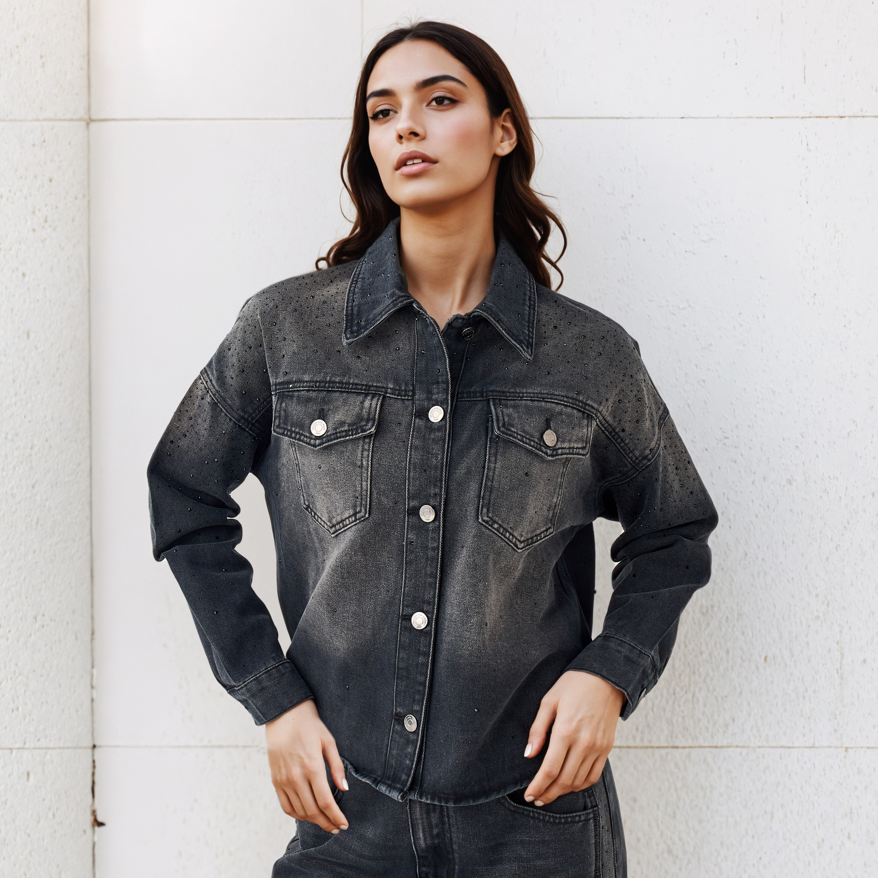 Regular Fit Cotton Denim Shirt with Embellished Detail-women-clothing-shirtsandblouses-shirts-image-1