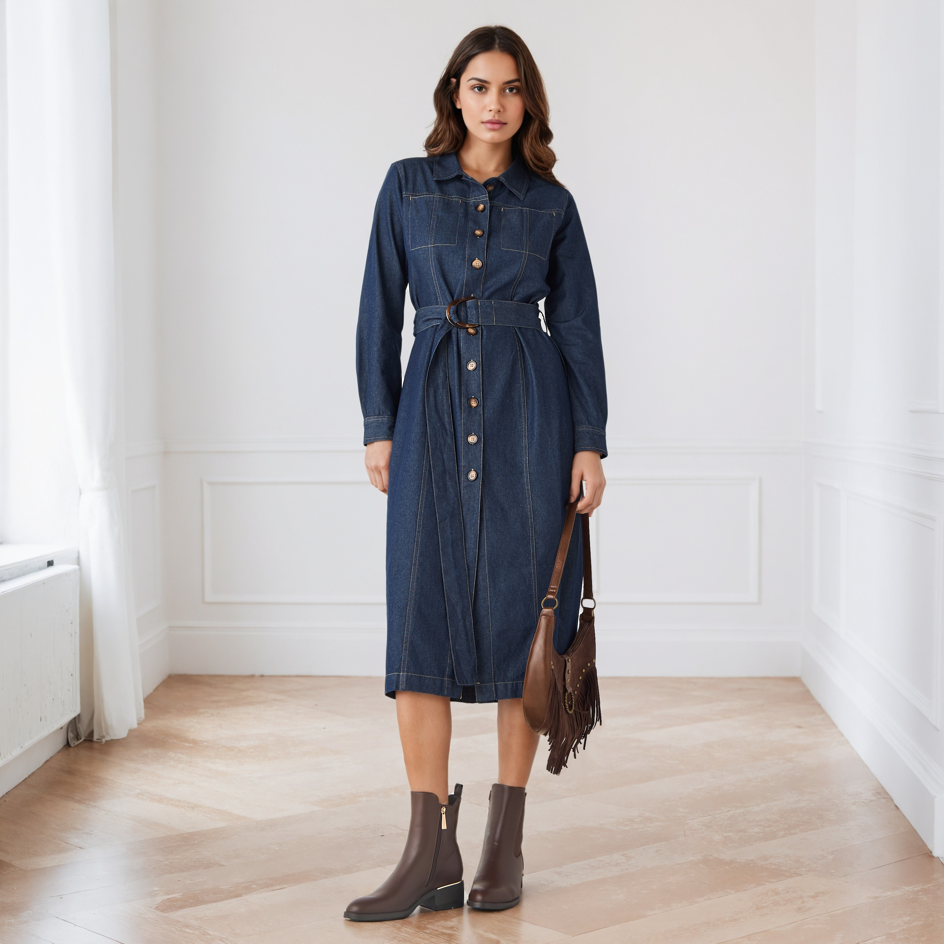 Denim Shirt Dress with Long Sleeves and Belt-women-clothing-dresses-image-1