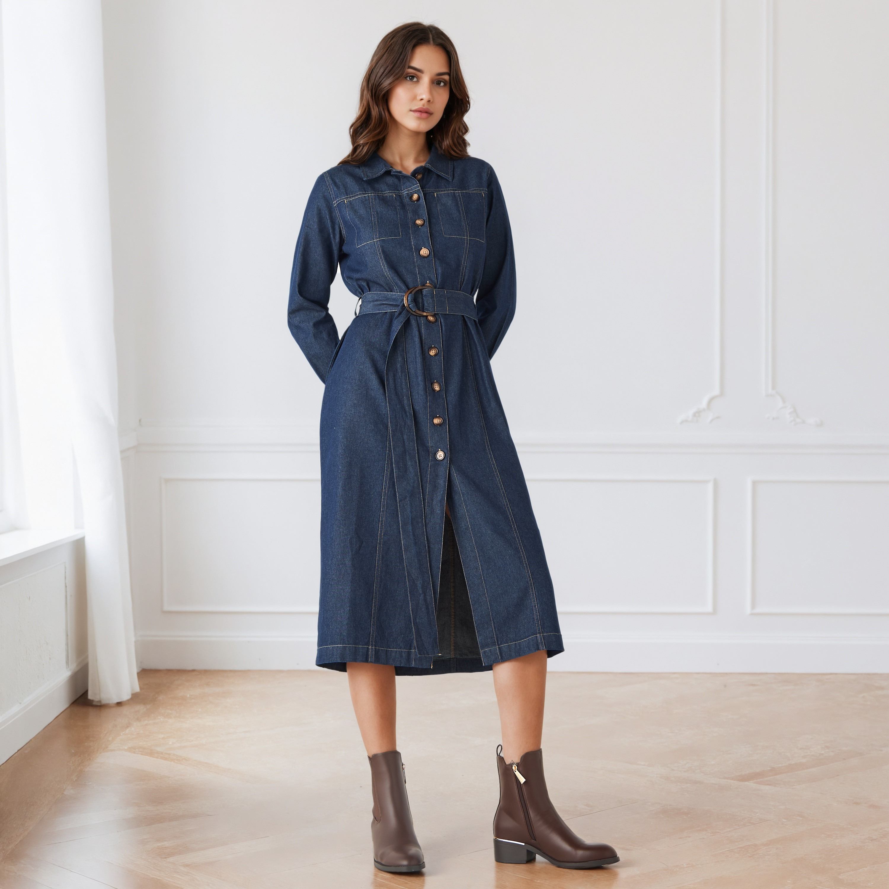 Denim Shirt Dress with Long Sleeves and Belt-women-clothing-dresses-image-2