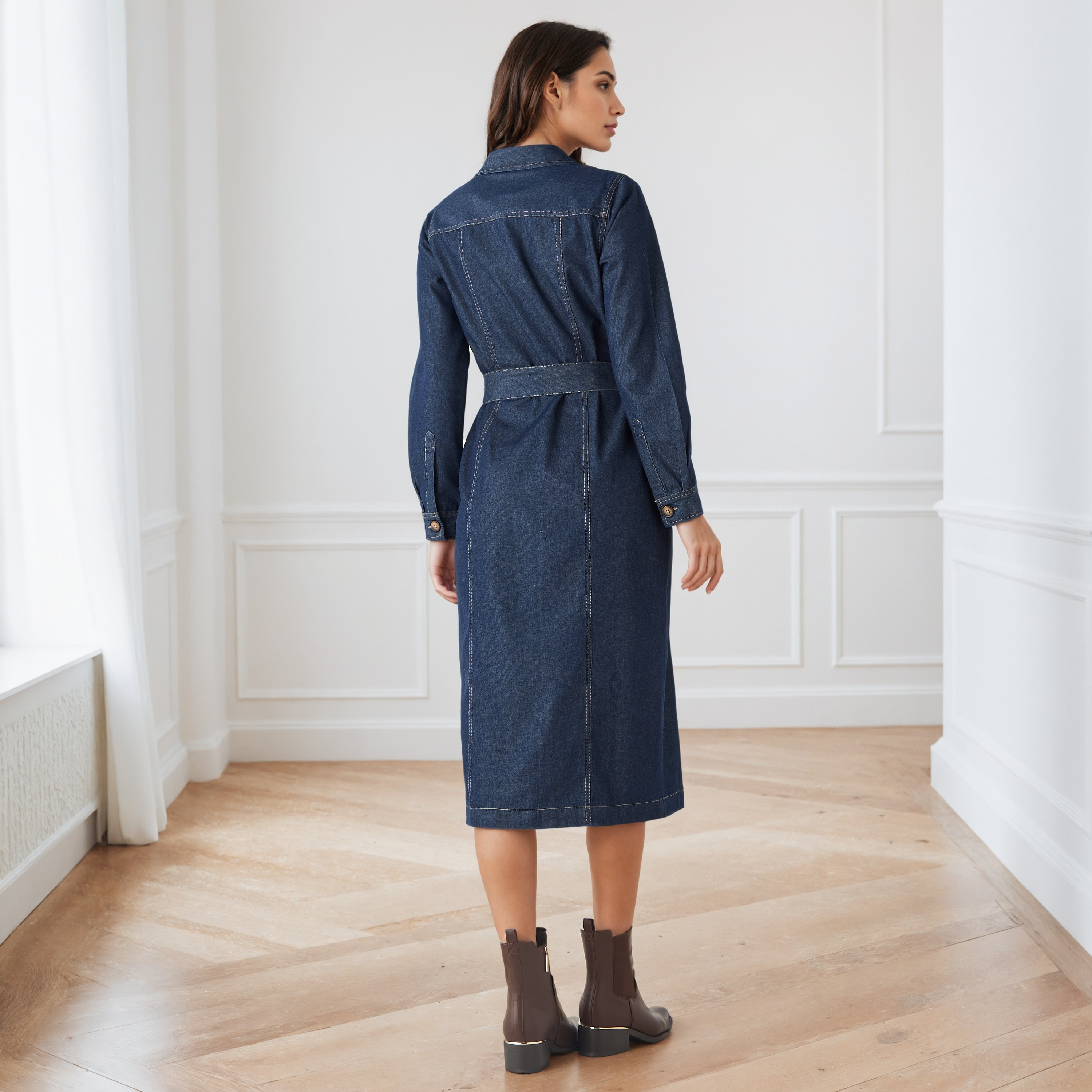 Denim Shirt Dress with Long Sleeves and Belt-women-clothing-dresses-image-4