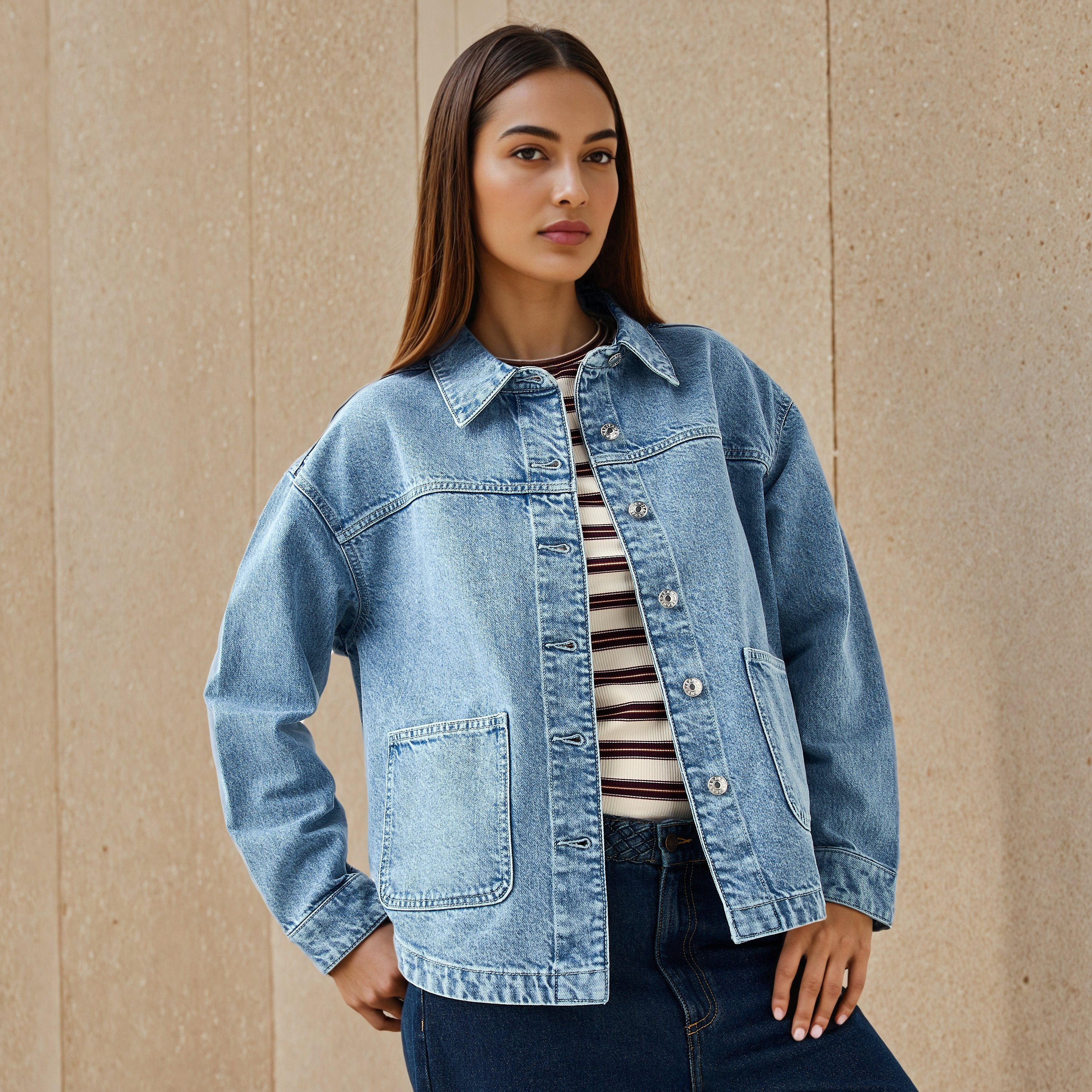 Denim Collared Shacket with Pockets and Long Sleeves-women-winterwear-coatsandjackets-jackets-image-1