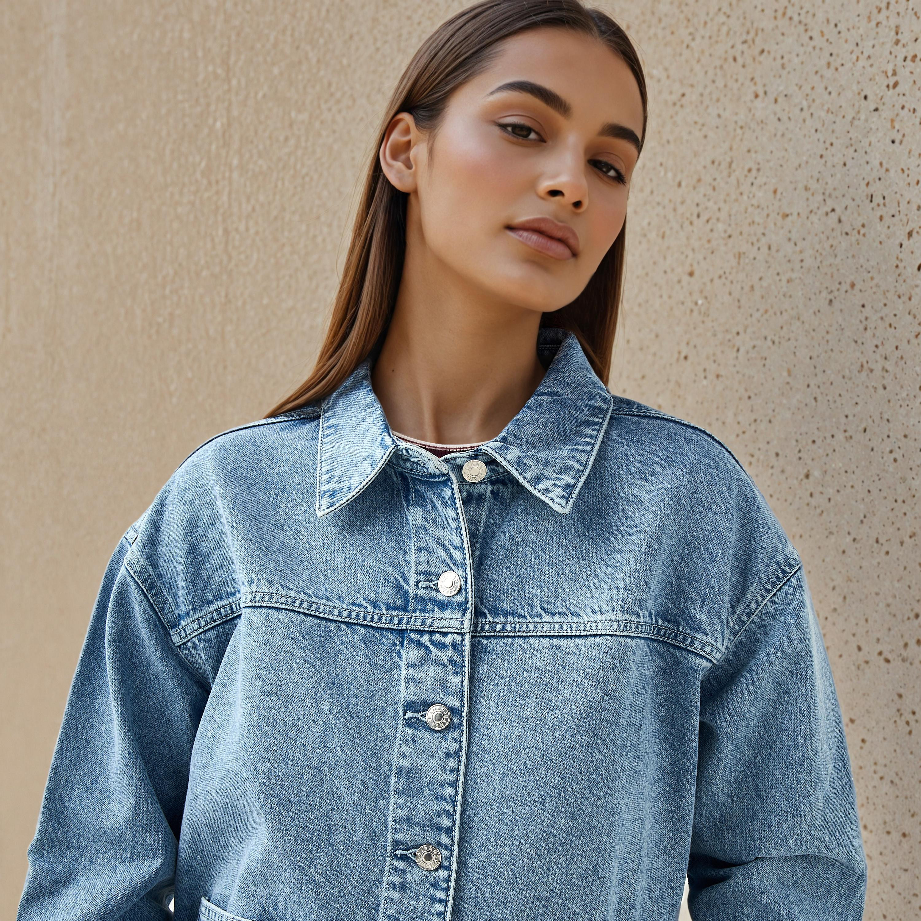Denim Collared Shacket with Pockets and Long Sleeves-women-winterwear-coatsandjackets-jackets-image-5