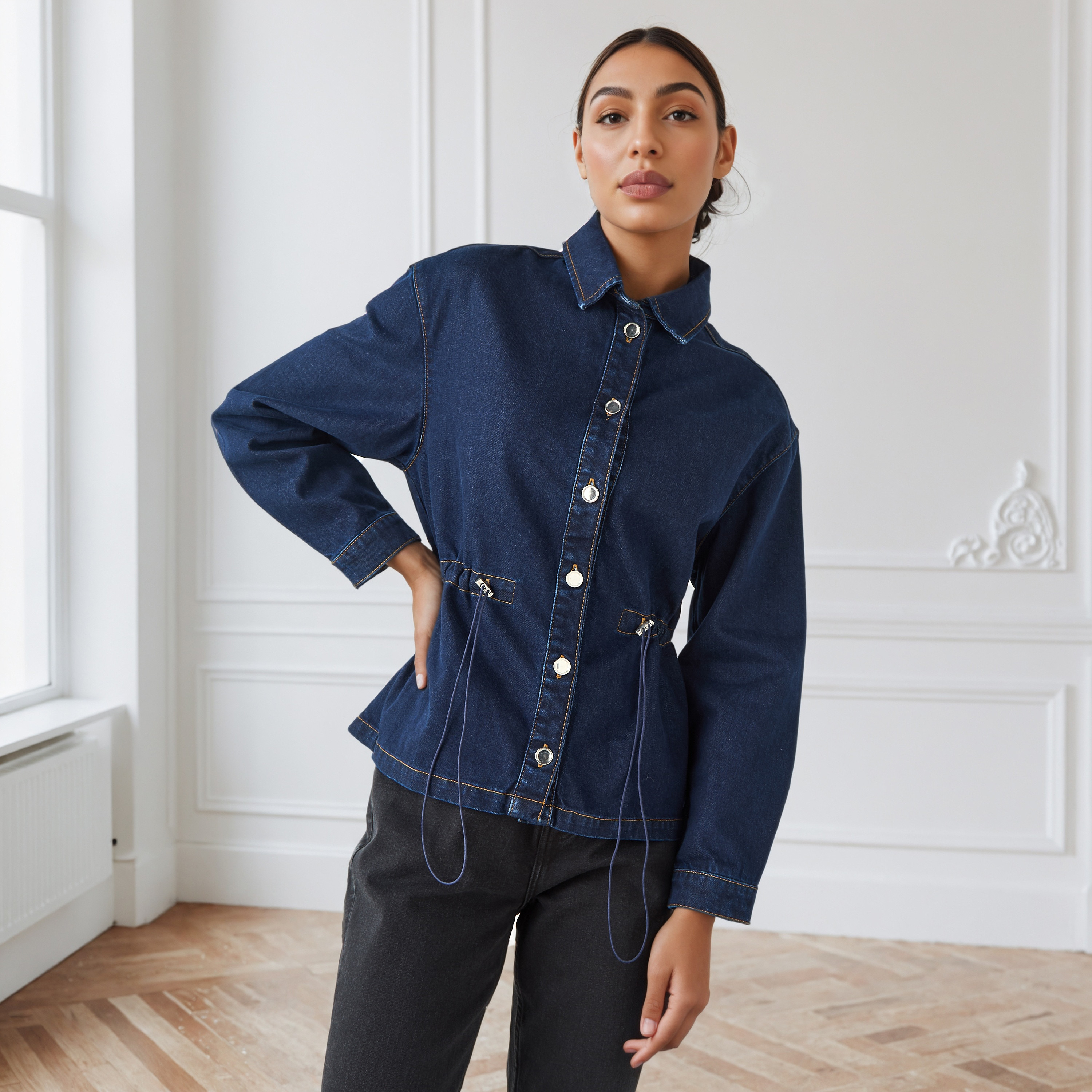 Regular Denim Shacket with Drawstring Accent-women-winterwear-coatsandjackets-jackets-image-1