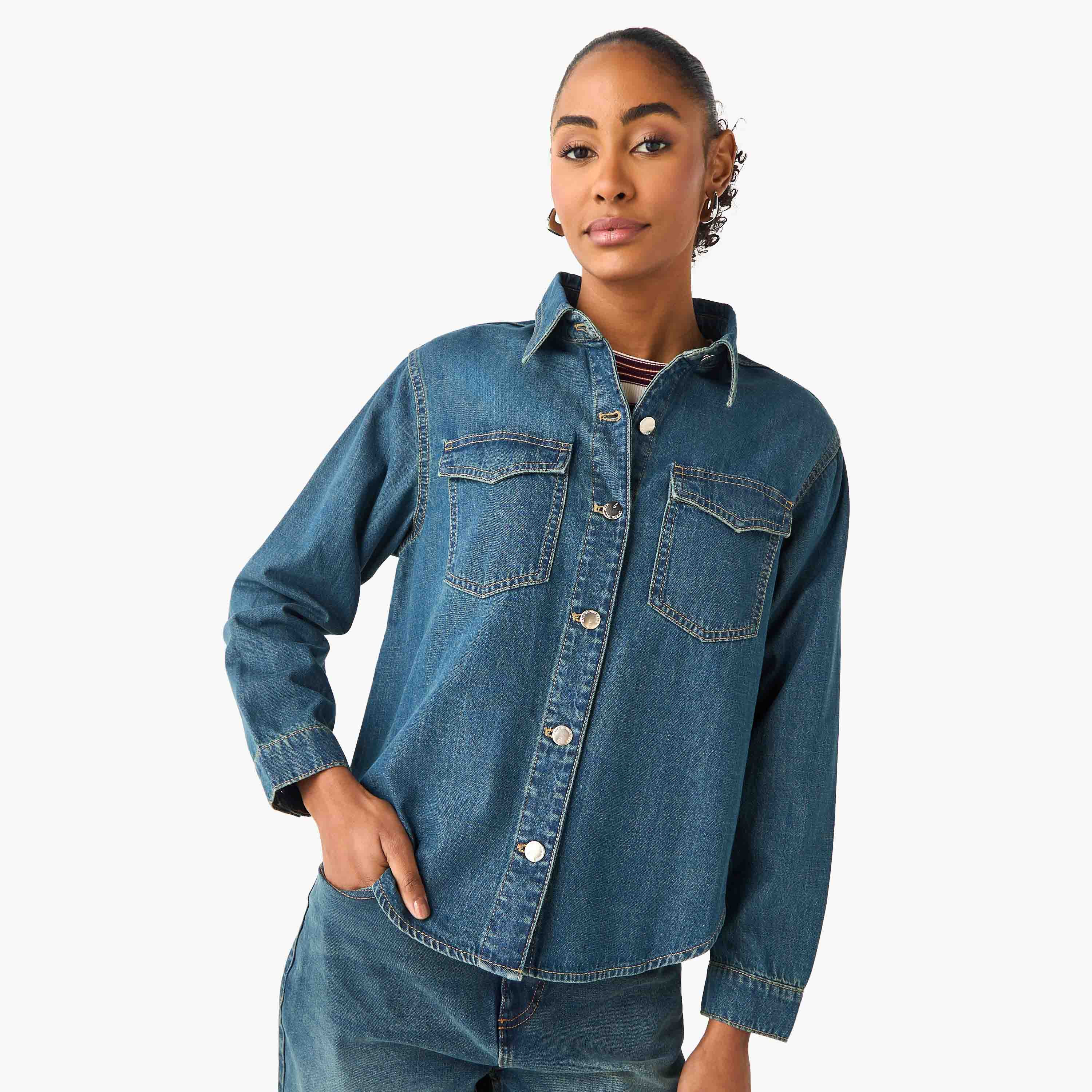 Relaxed Fit Denim Shirt with Pockets-women-clothing-shirtsandblouses-shirts-image-1