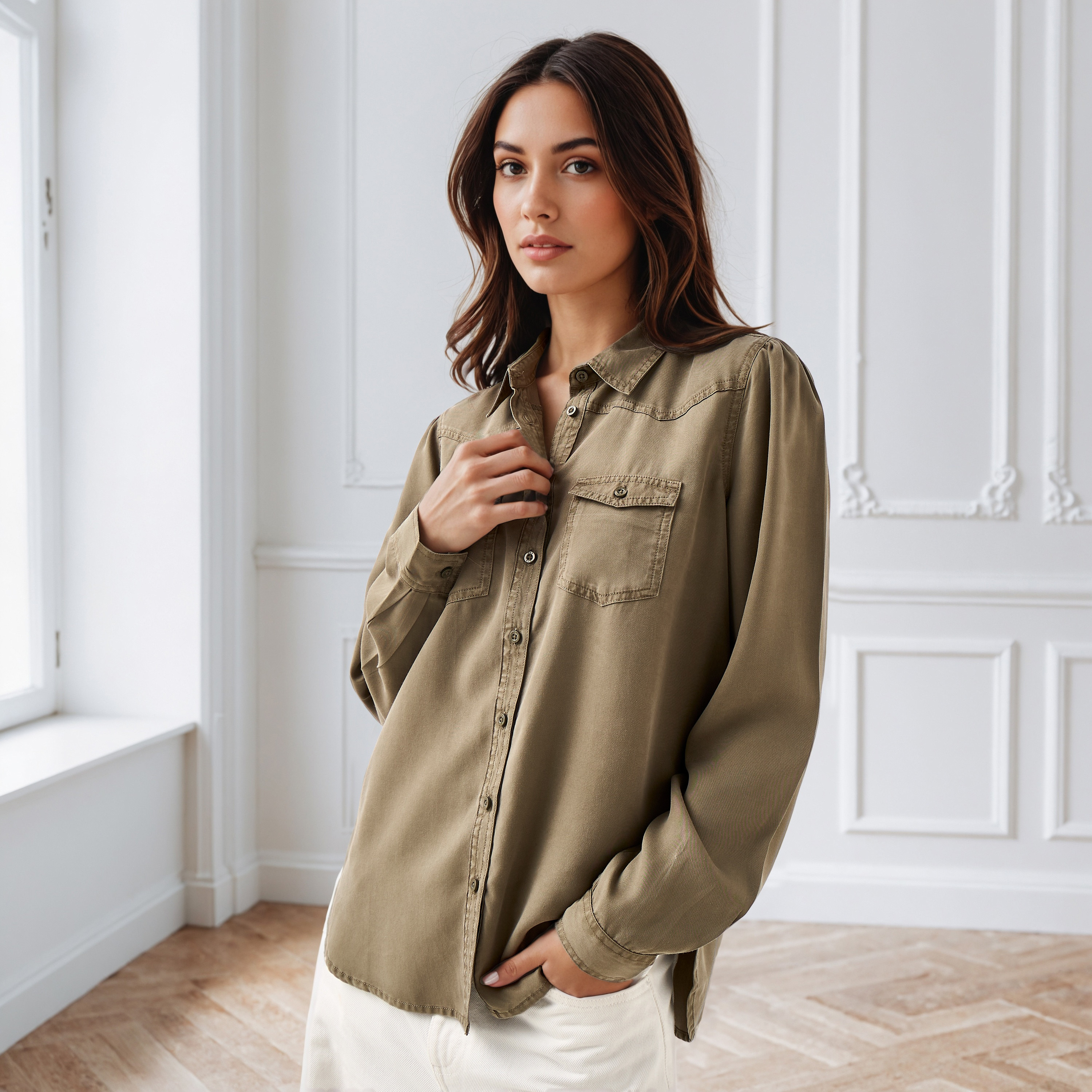 Regular Fit Tencel Denim Shirt with Pockets-women-clothing-shirtsandblouses-shirts-image-1