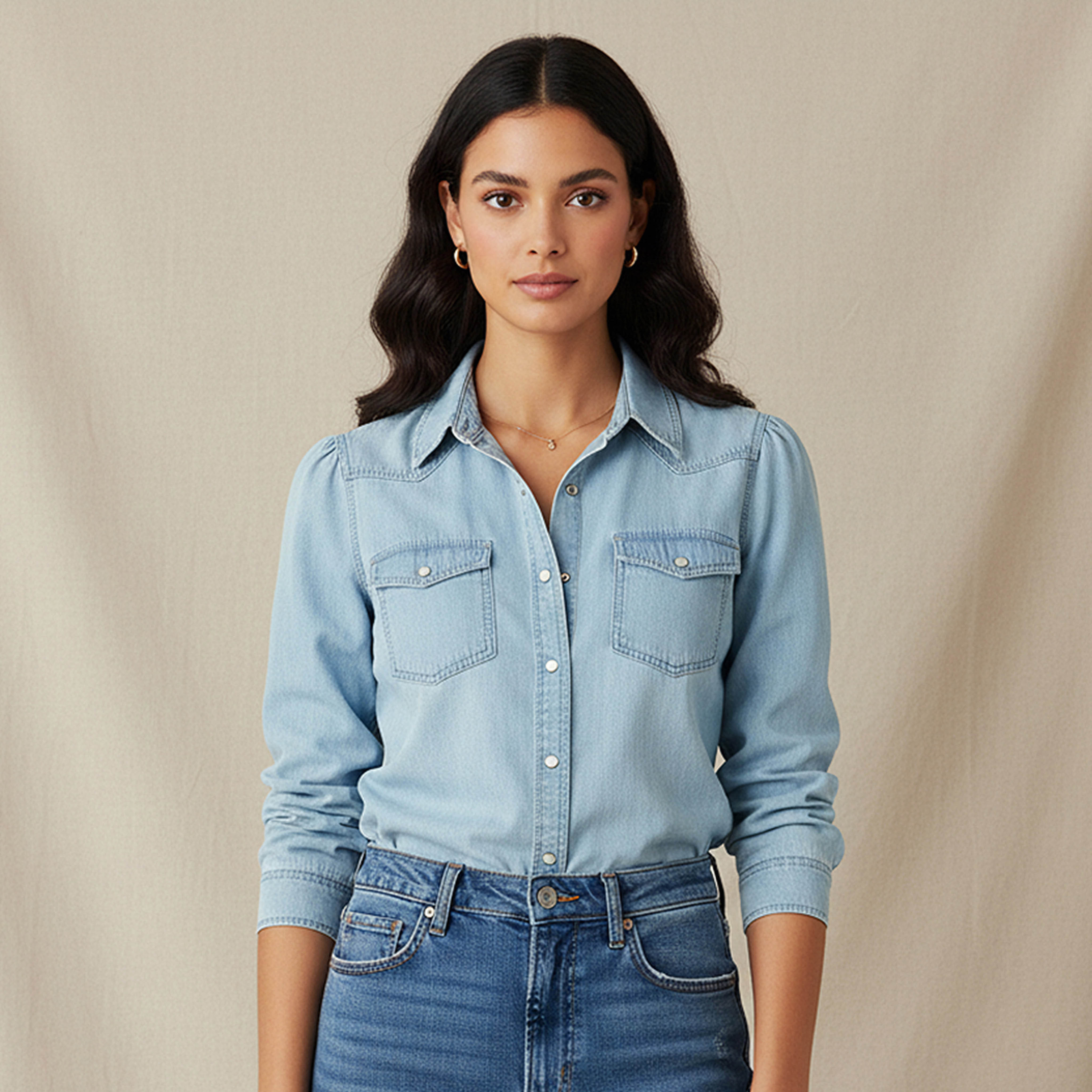 قميص تينسل دينم بقصة عادية وجيوب-women-clothing-shirtsandblouses-shirts-image-1