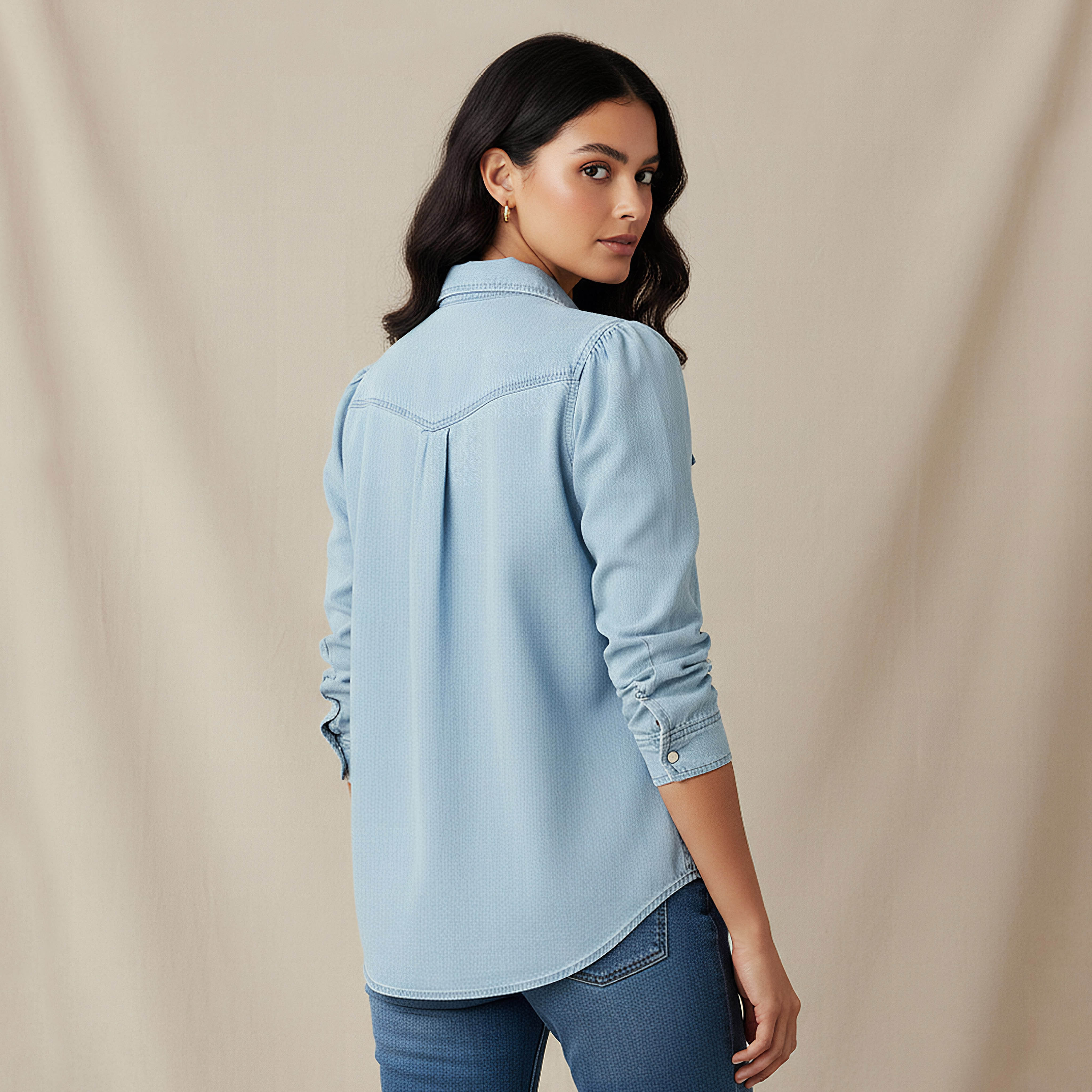 قميص تينسل دينم بقصة عادية وجيوب-women-clothing-shirtsandblouses-shirts-image-3