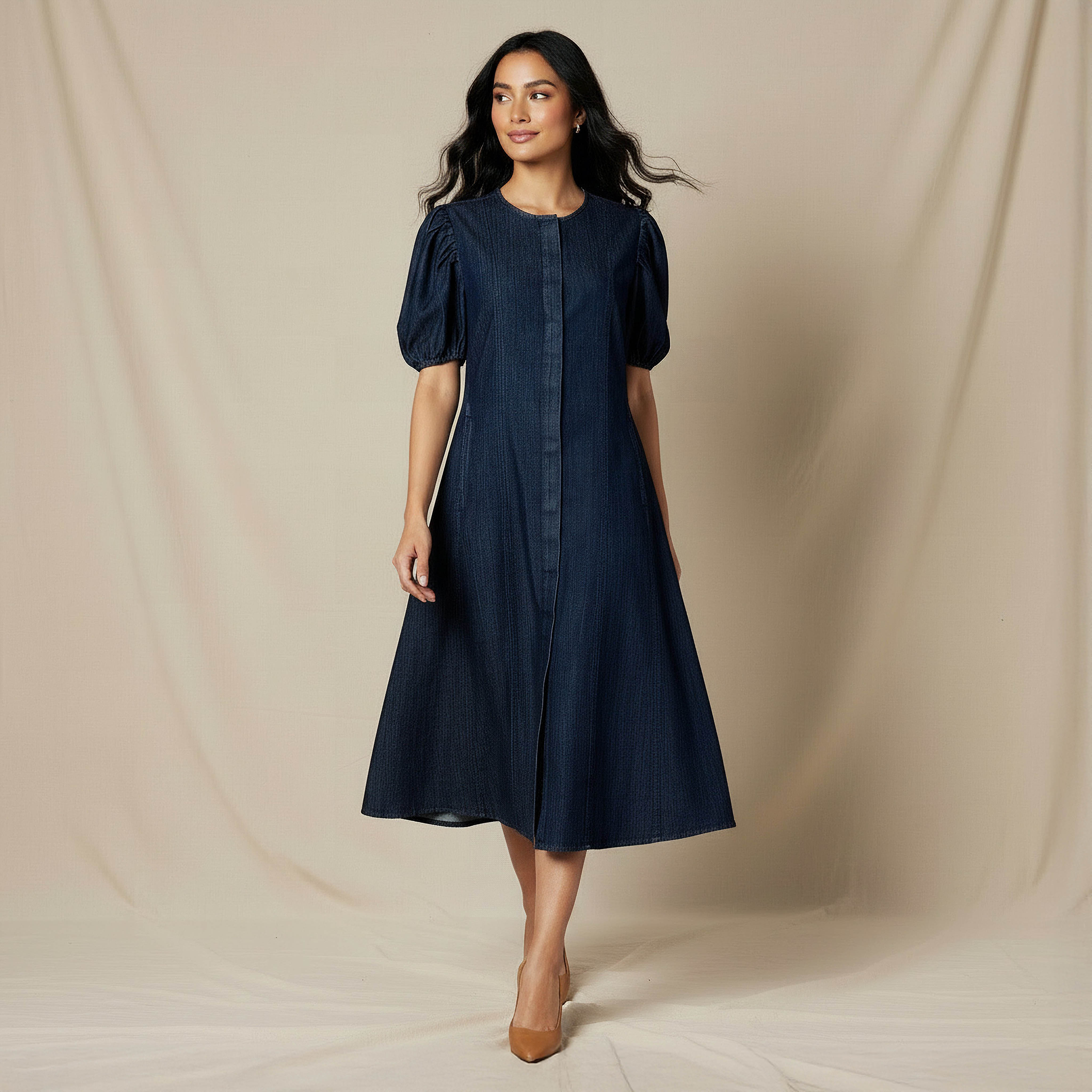 Shirt Midi Cotton Dress with Puff Sleeves-women-clothing-dresses-image-1