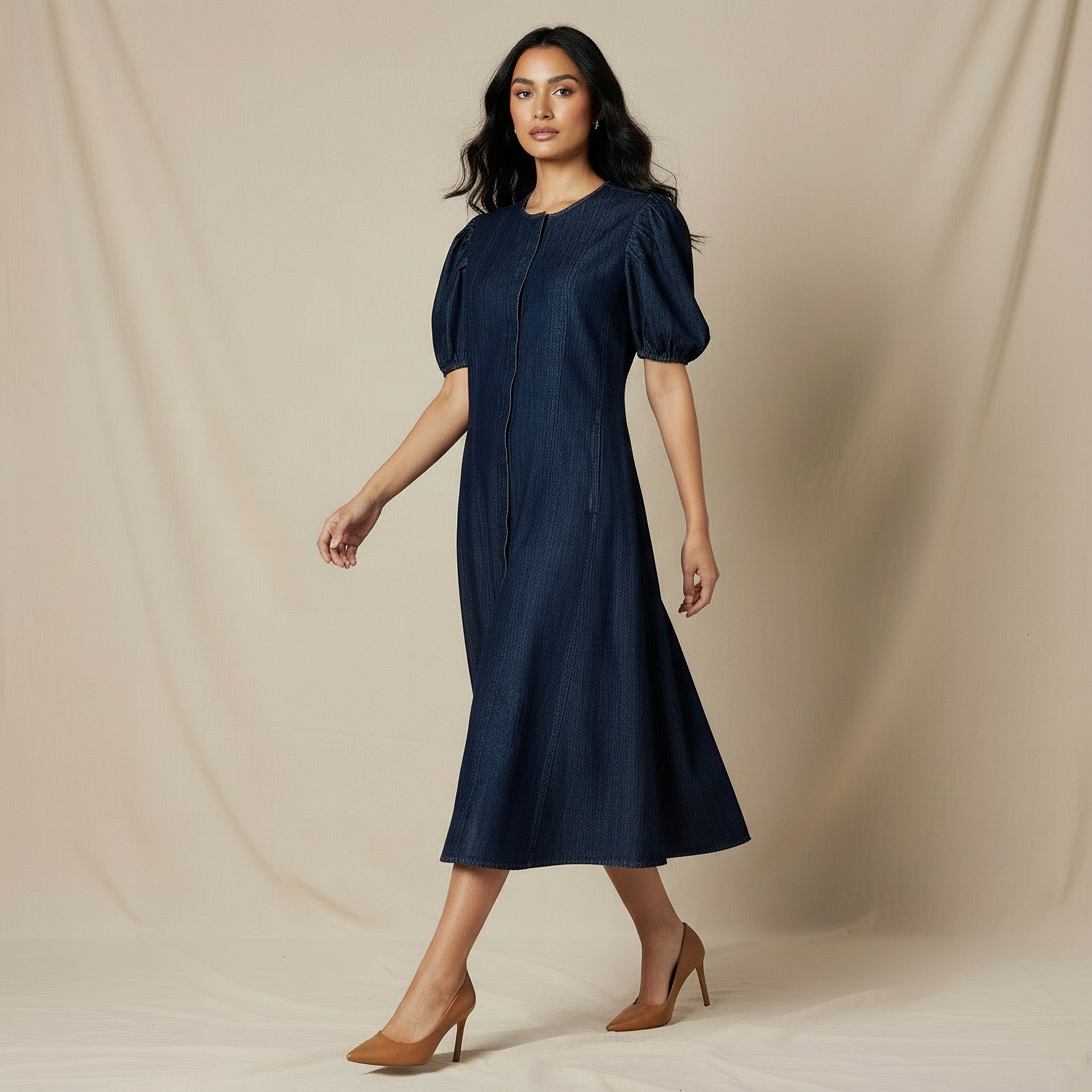 Shirt Midi Cotton Dress with Puff Sleeves-women-clothing-dresses-image-2