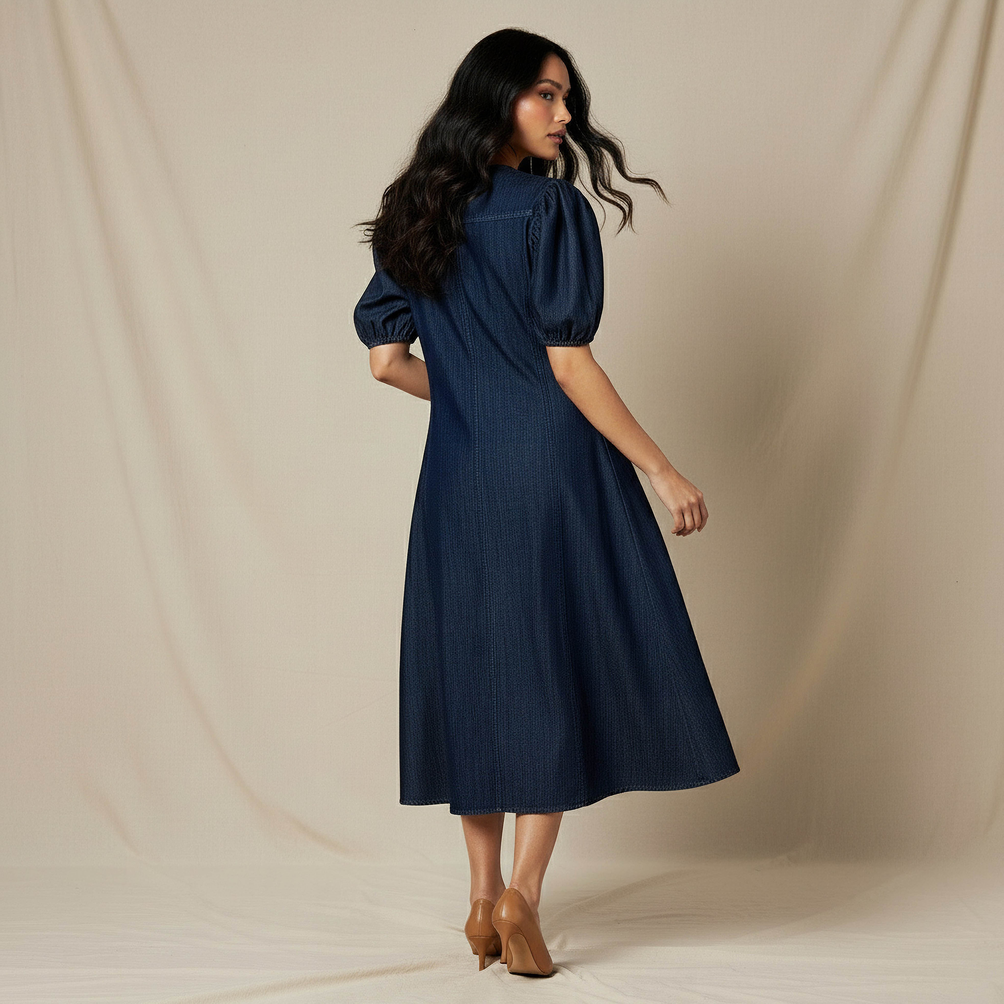 Shirt Midi Cotton Dress with Puff Sleeves-women-clothing-dresses-image-3