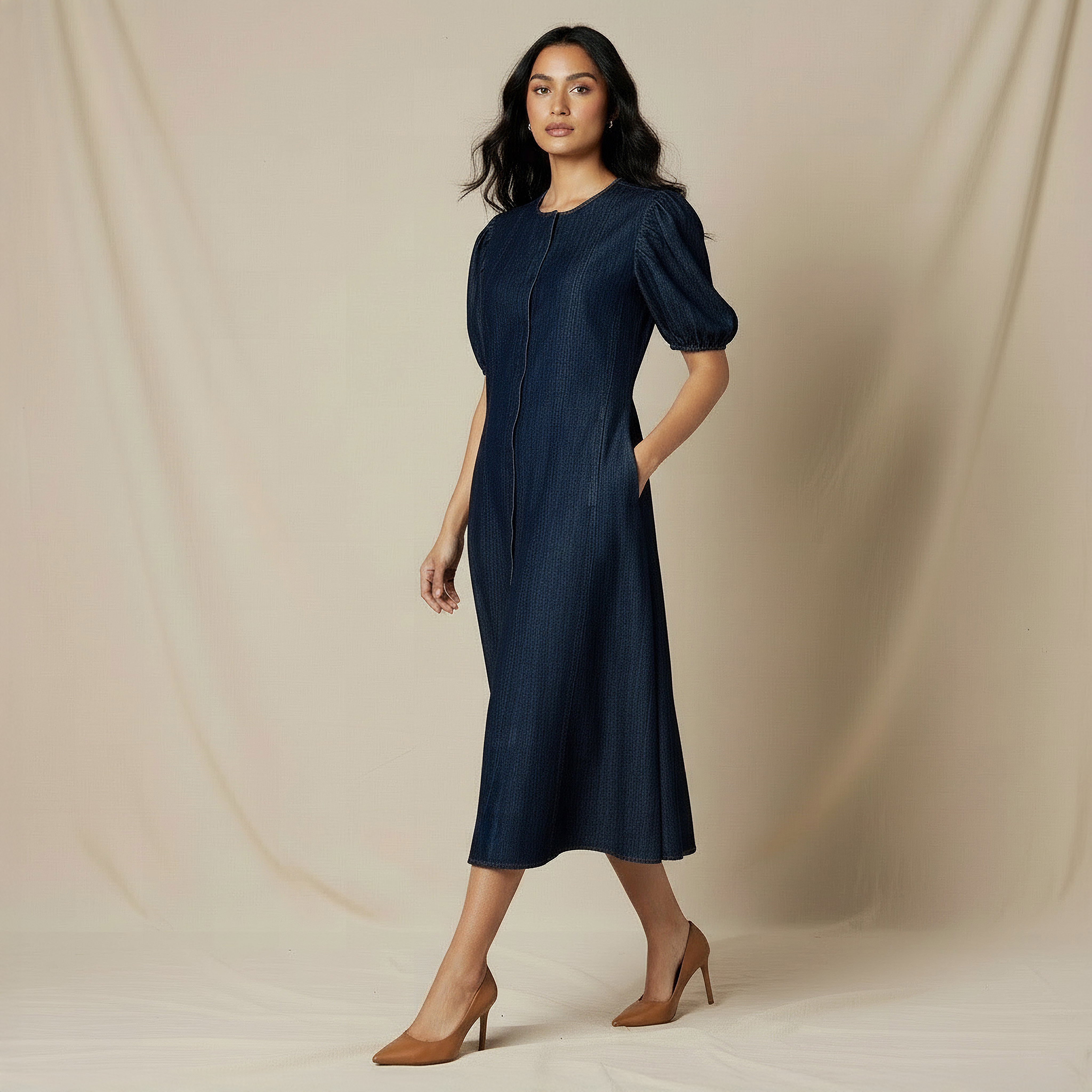 Shirt Midi Cotton Dress with Puff Sleeves-women-clothing-dresses-image-5