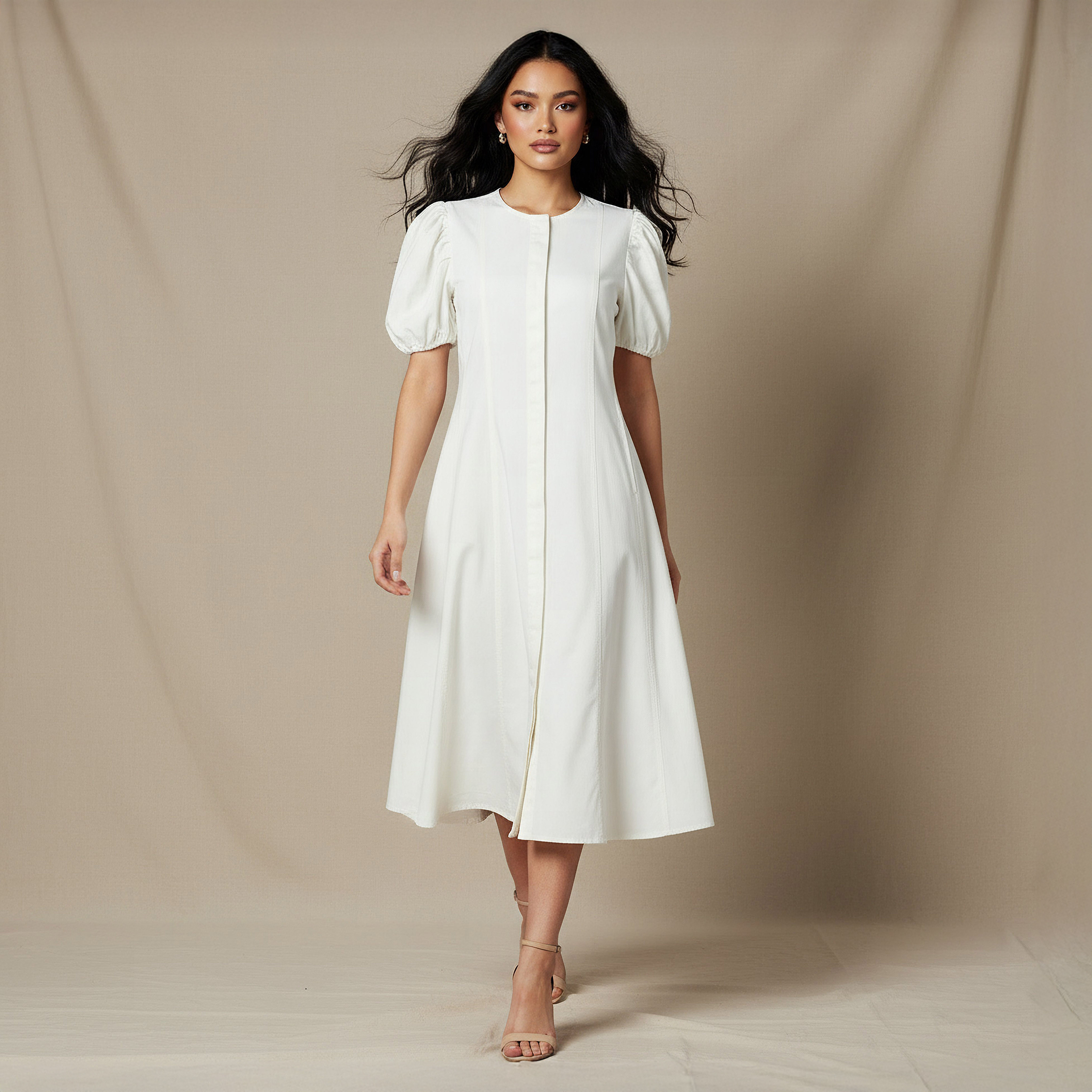 Shirt Midi Cotton Dress with Puff Sleeves-women-clothing-dresses-image-1