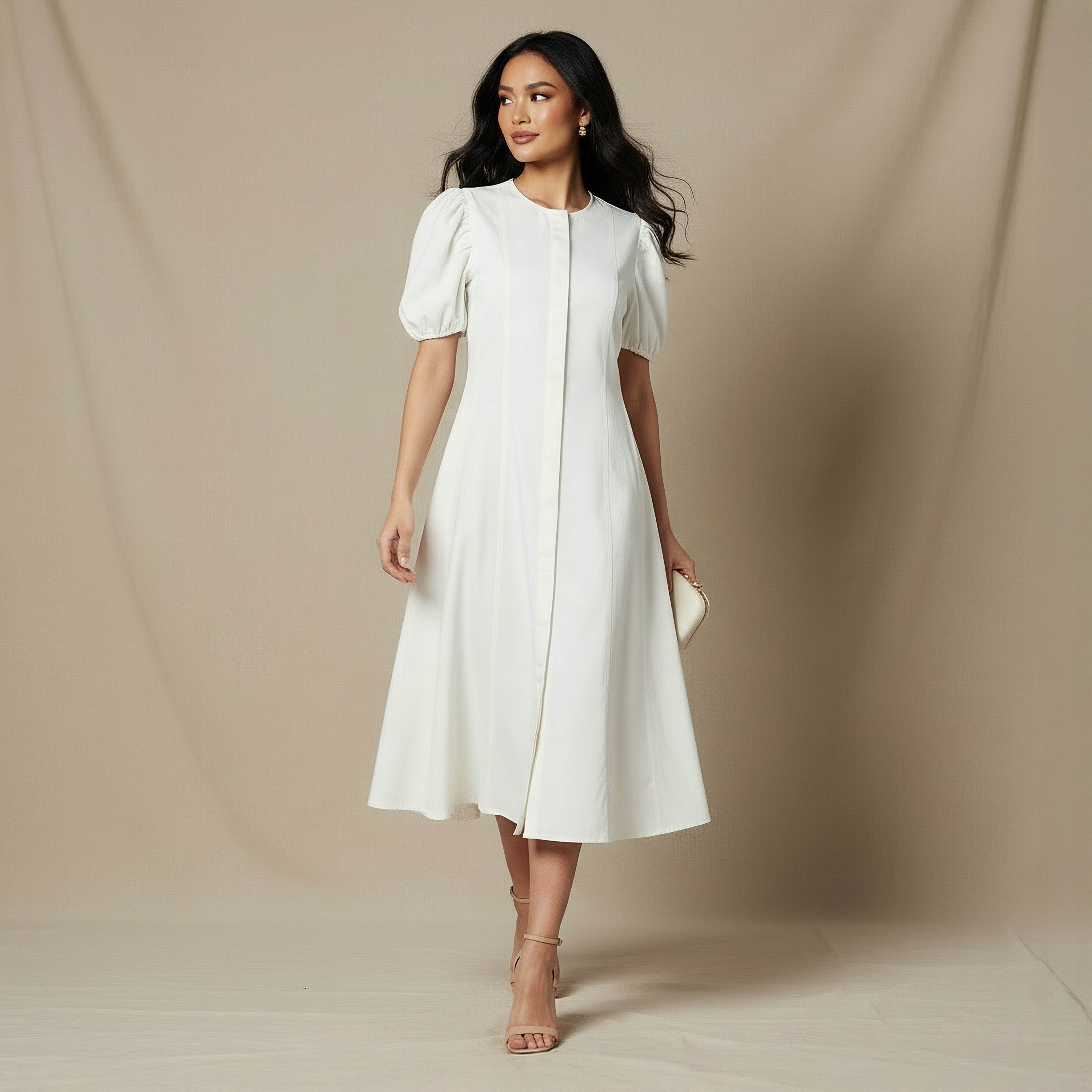Shirt Midi Cotton Dress with Puff Sleeves-women-clothing-dresses-image-2