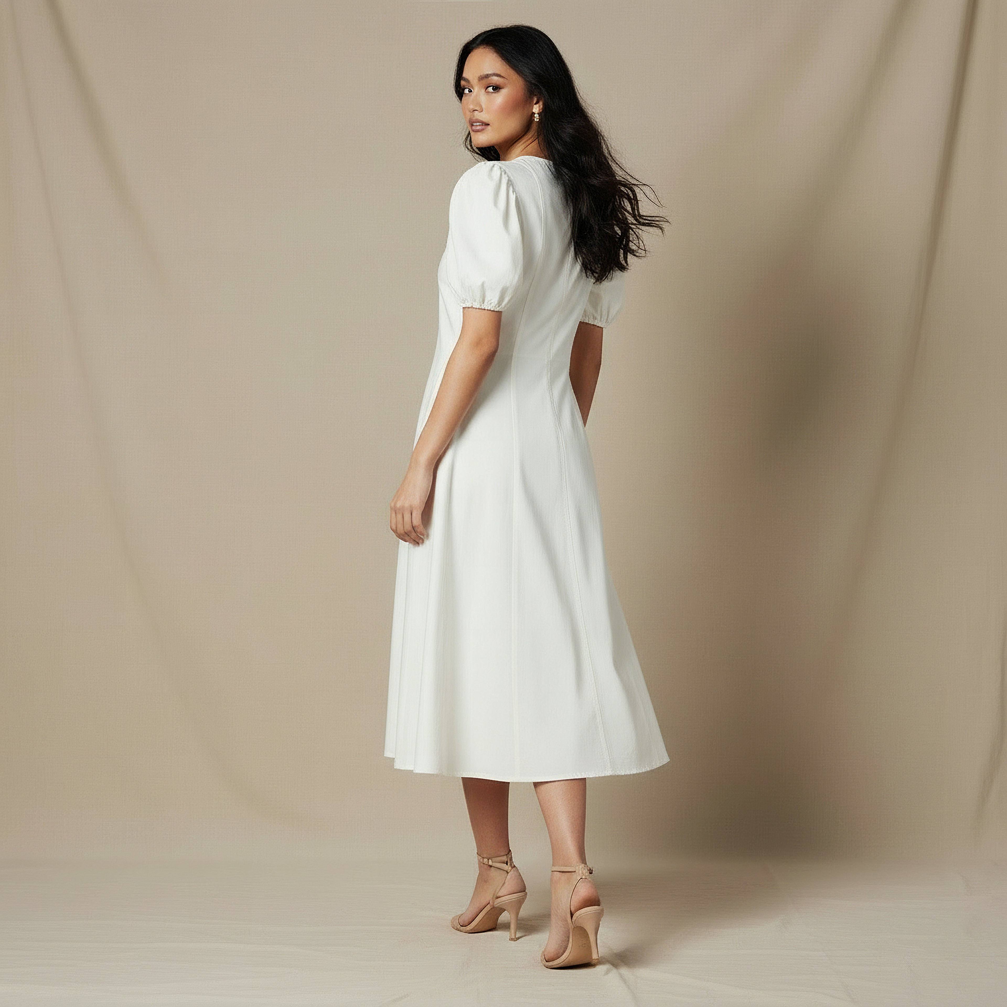 Shirt Midi Cotton Dress with Puff Sleeves-women-clothing-dresses-image-3