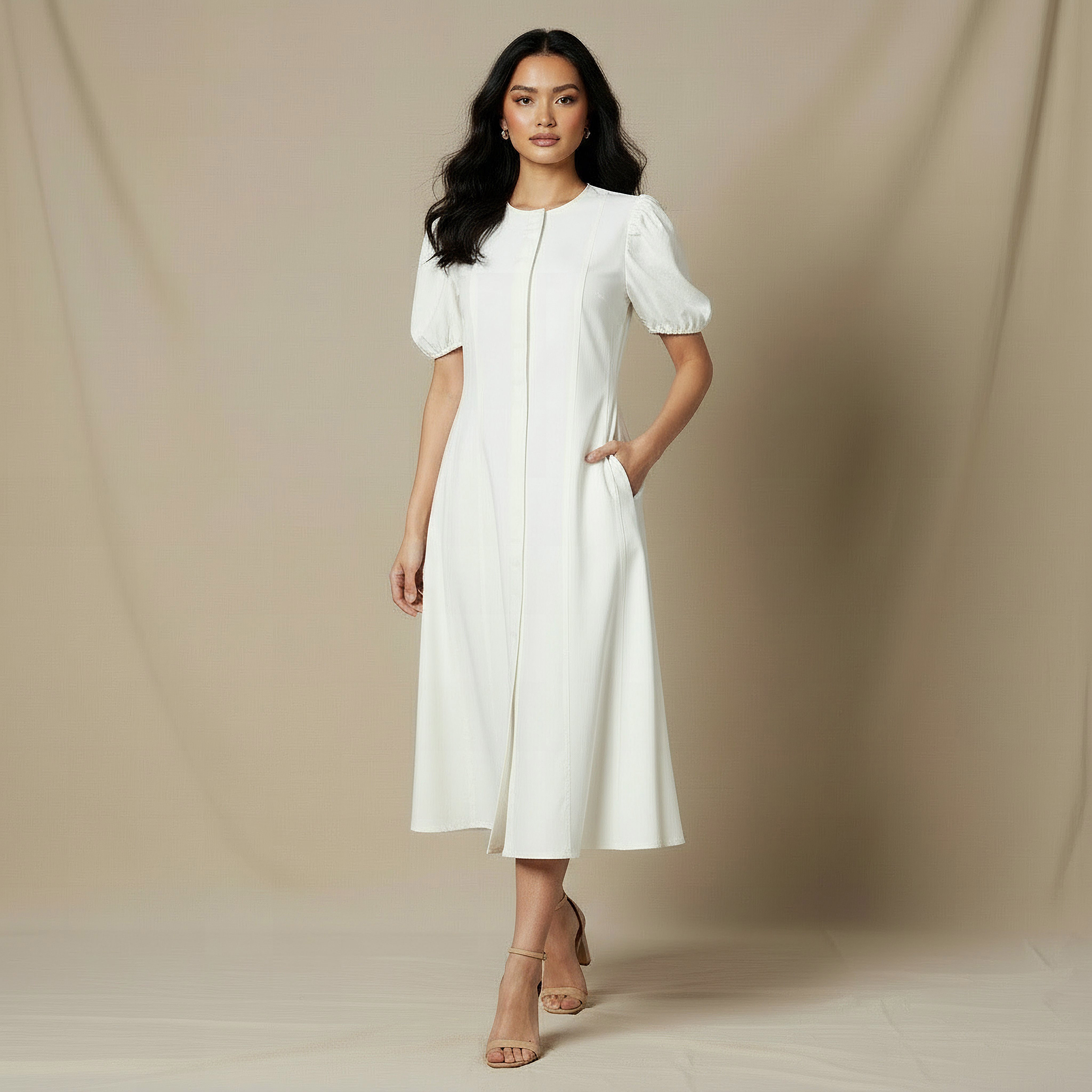 Shirt Midi Cotton Dress with Puff Sleeves-women-clothing-dresses-image-5
