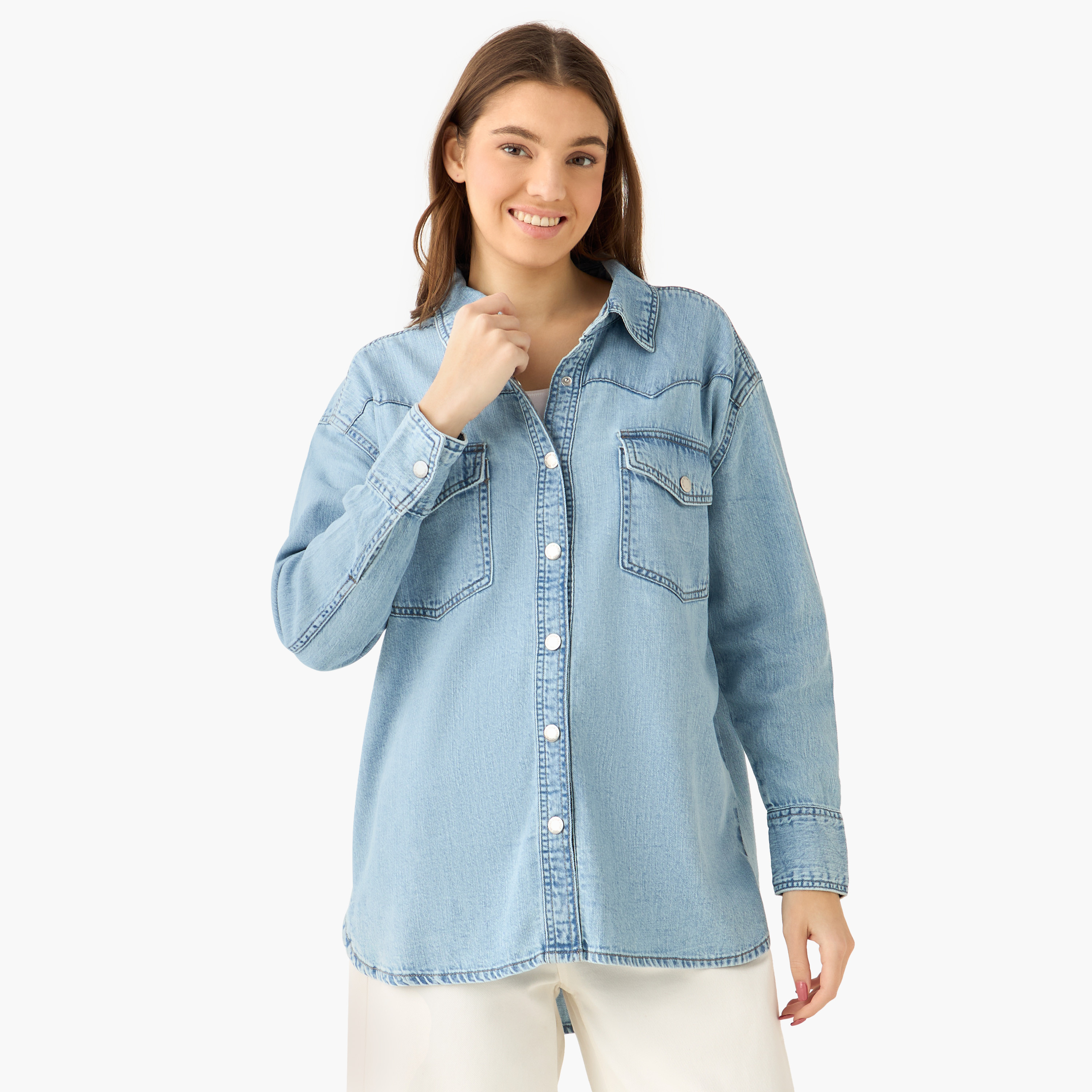 Oversized Cotton Denim Shirt with Chest Pockets-women-clothing-shirtsandblouses-shirts-image-2