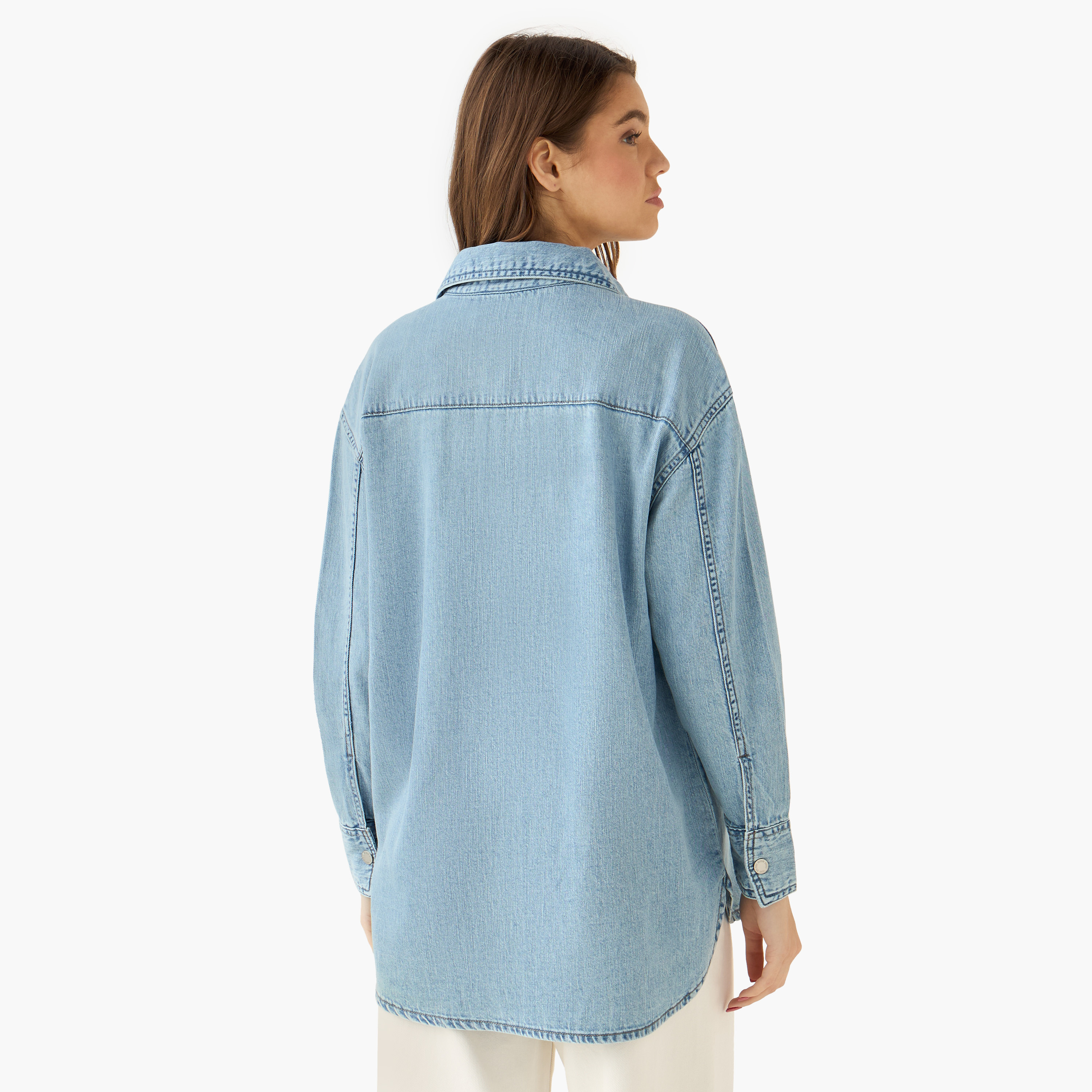 Oversized Cotton Denim Shirt with Chest Pockets-women-clothing-shirtsandblouses-shirts-image-4