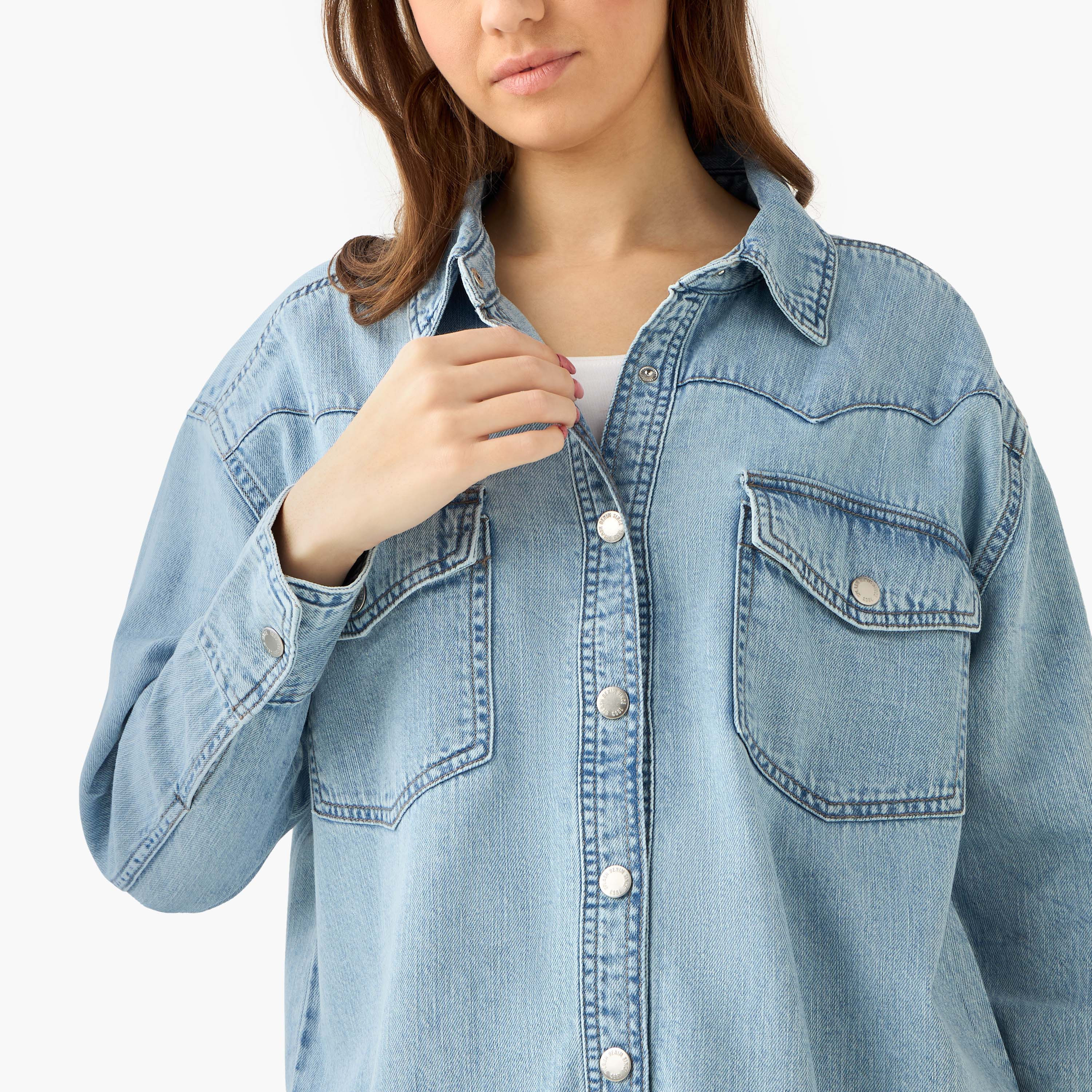 Oversized Cotton Denim Shirt with Chest Pockets-women-clothing-shirtsandblouses-shirts-image-5