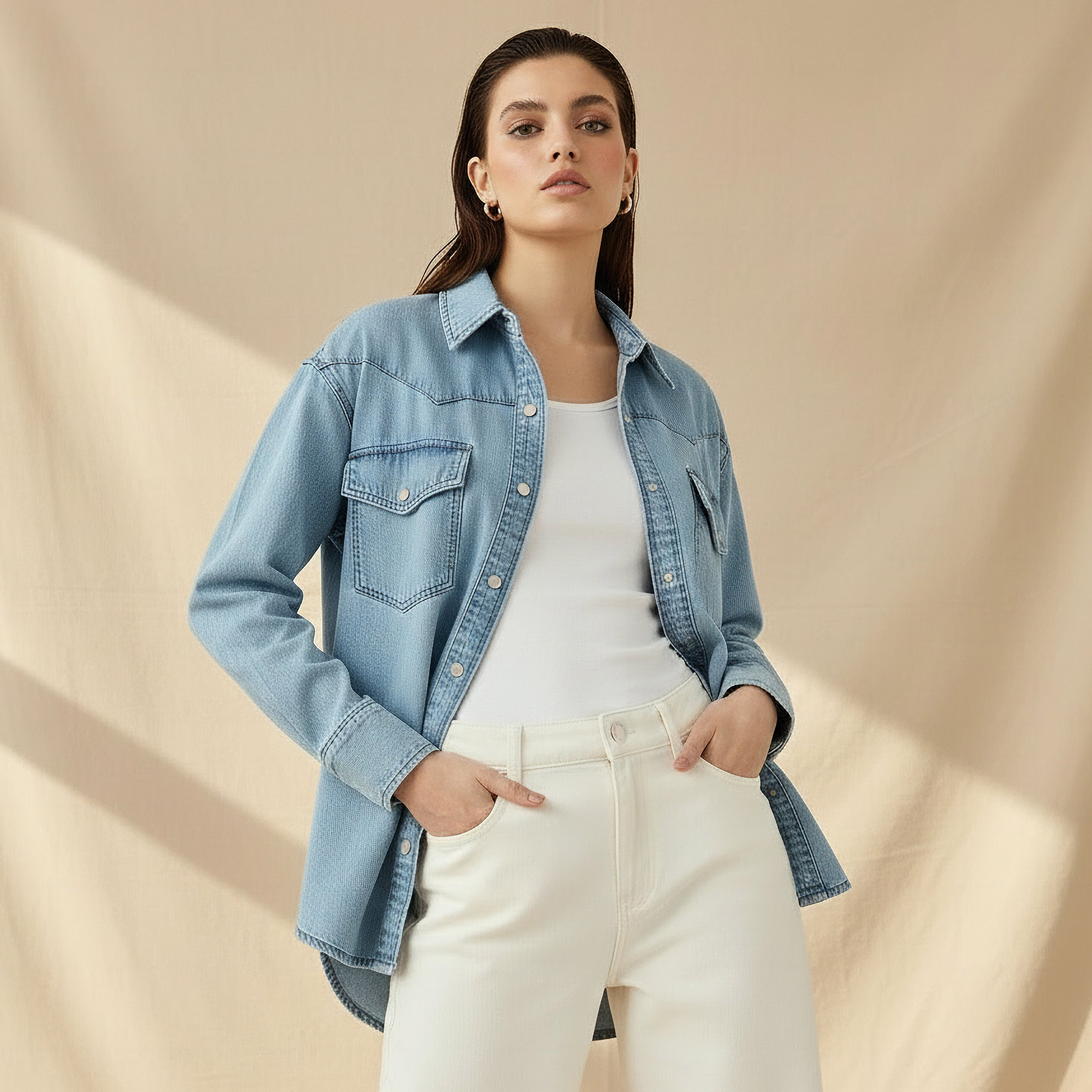 Oversized Cotton Denim Shirt with Chest Pockets-women-clothing-shirtsandblouses-shirts-image-1